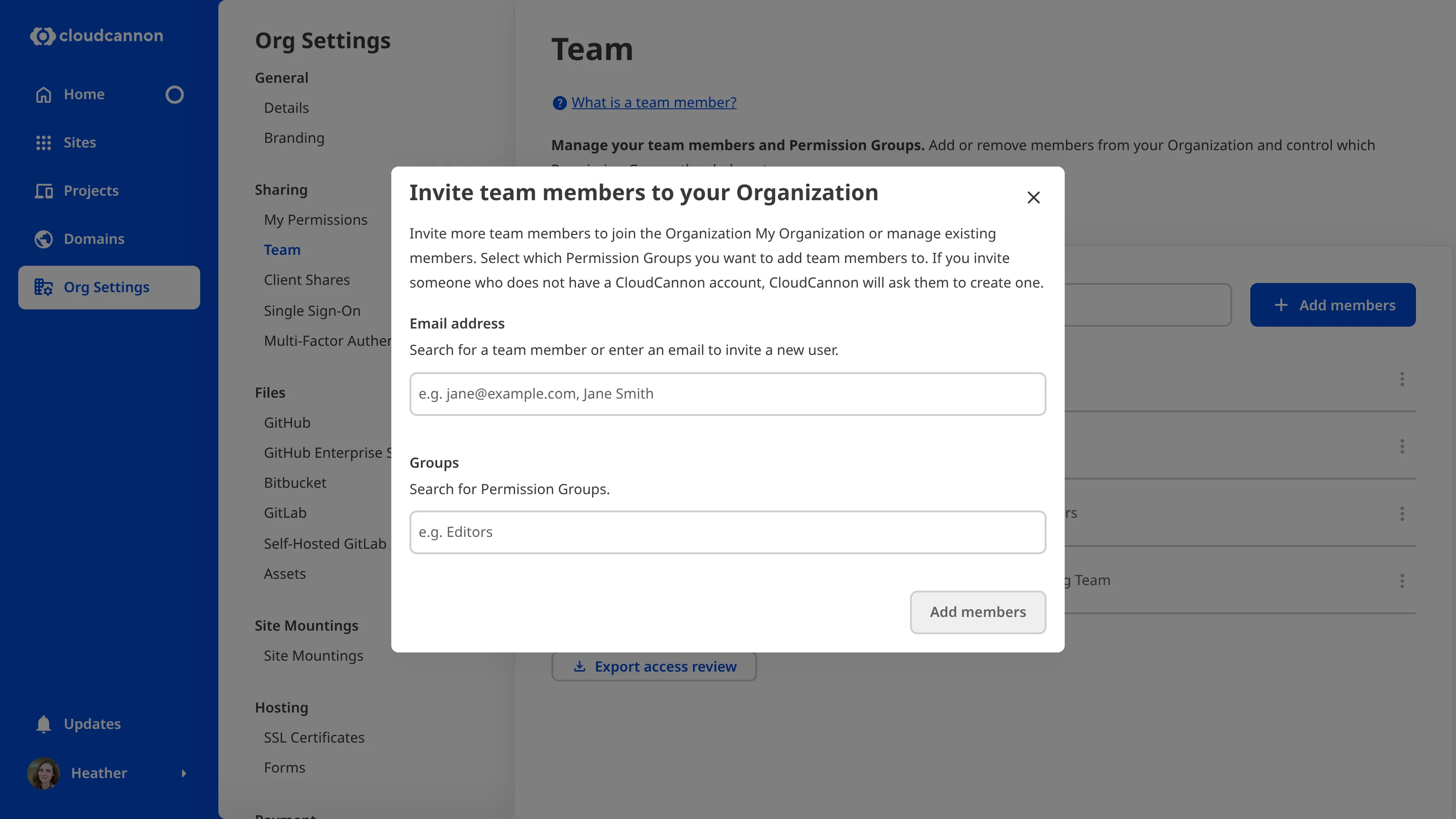A screenshot of the Team page shows the Invite Team members modal with two fields for names and Permission Groups.