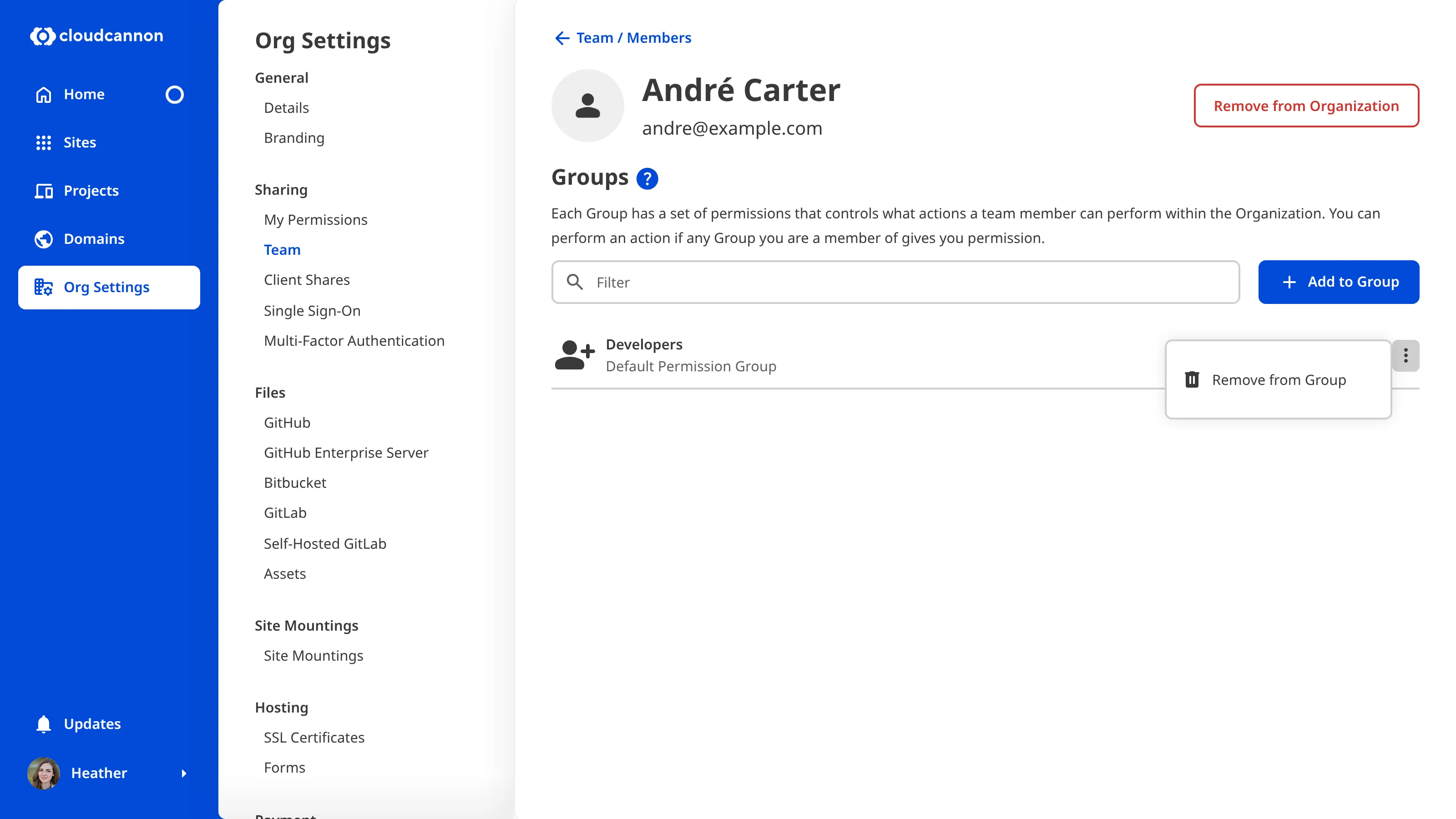 A screenshot of the Team Member page shows the Context Menu for a Permission Group with the option to Remove from Group.
