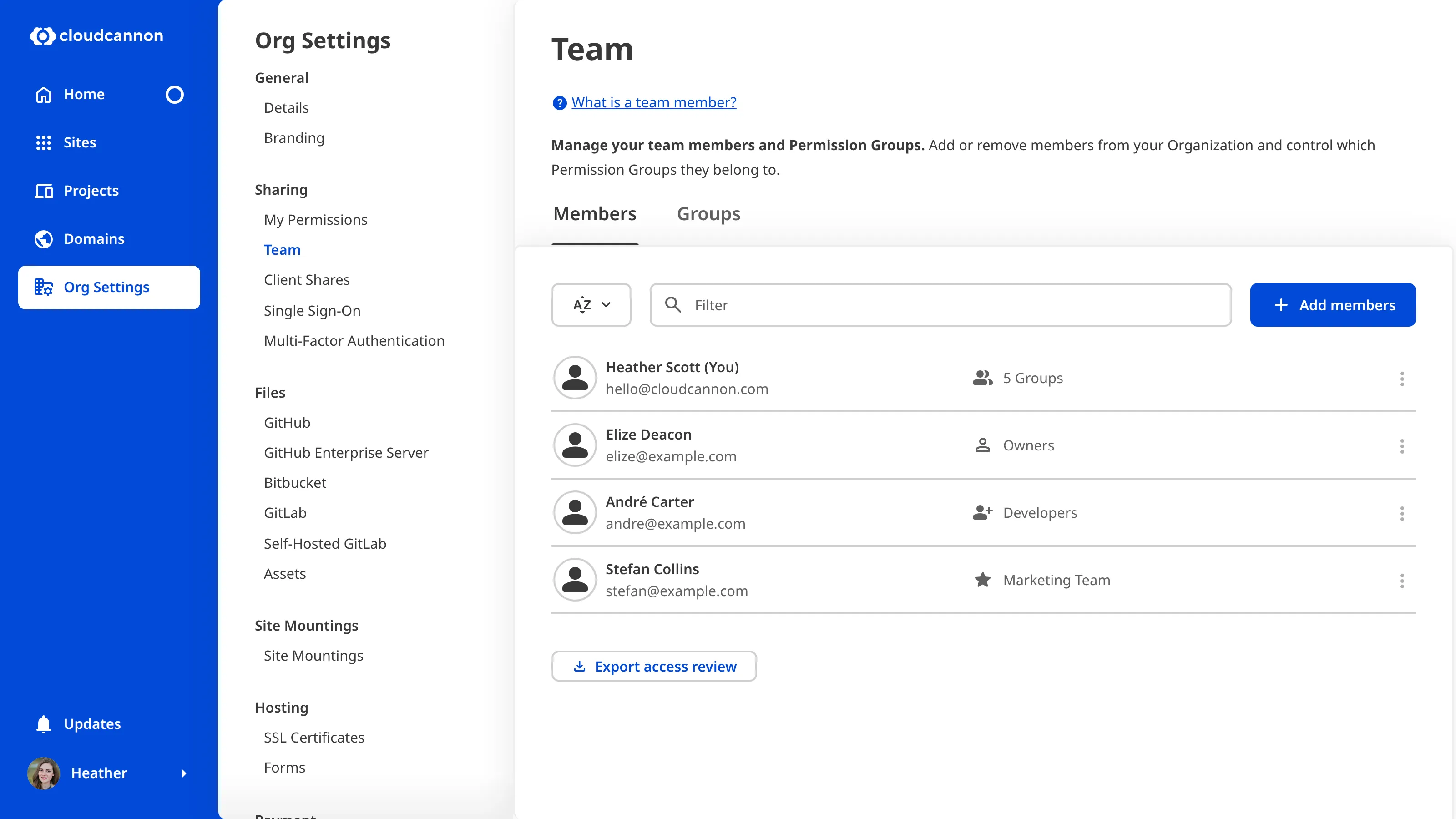 A screenshot of the Team page shows team members and the Add members button.