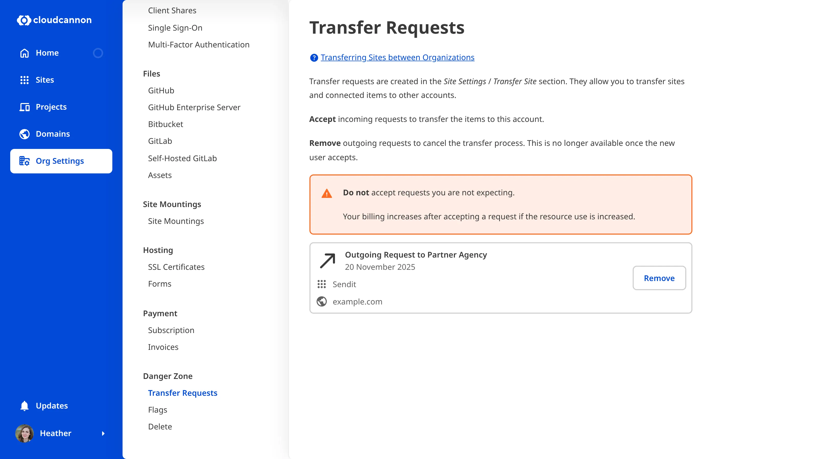 Screenshot of site transfer interface with outgoing site transfer