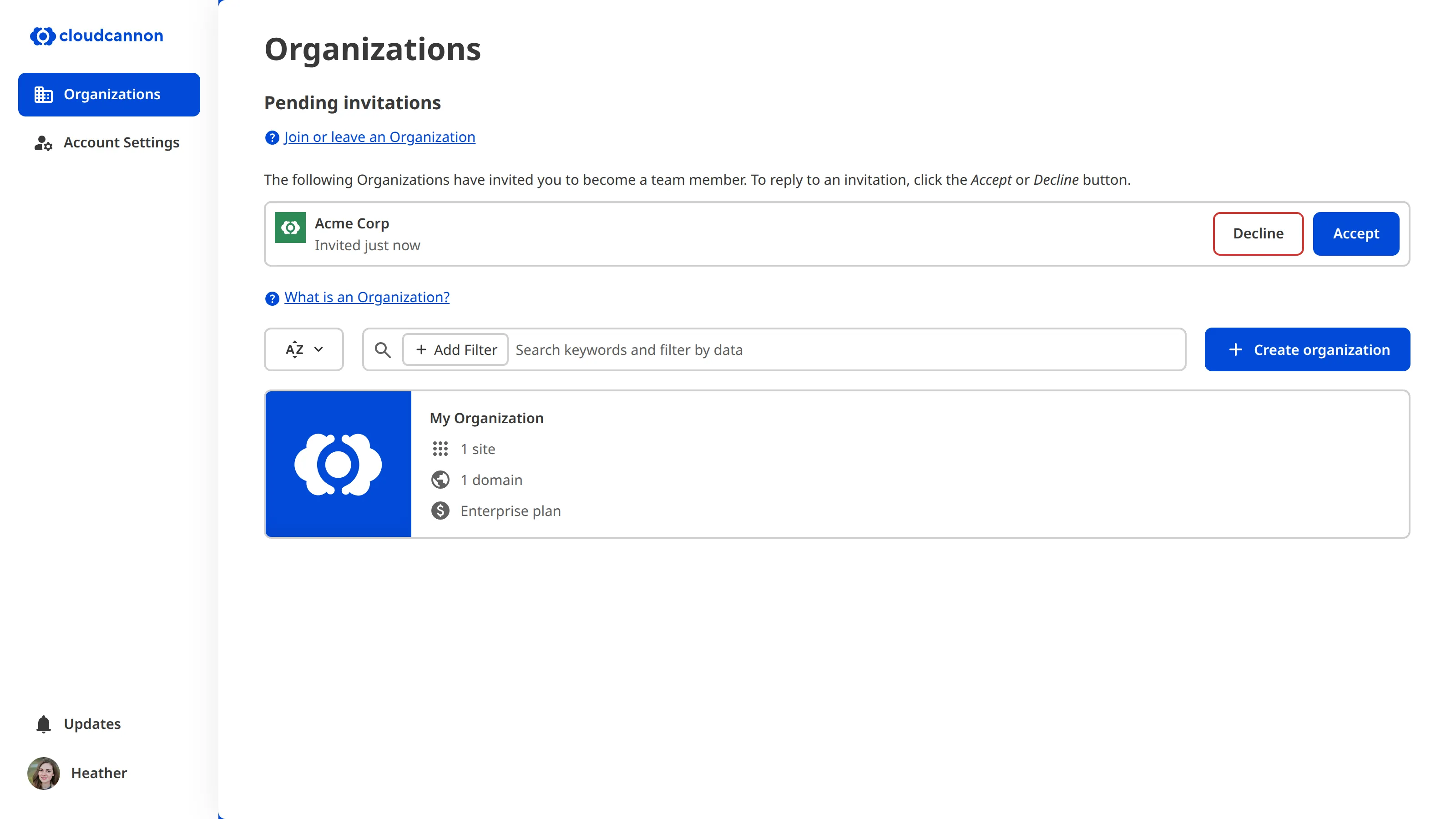 A screenshot of the Organization Browser shows one pending invitation and one Organization card.