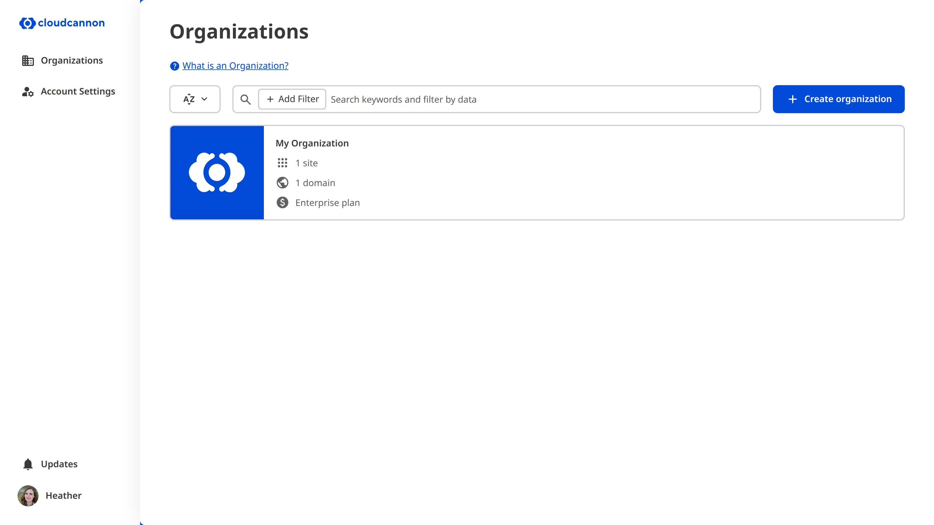 A screenshot of the Organization Browser shows the Create organization button on the right of the Organization Browser Controls.