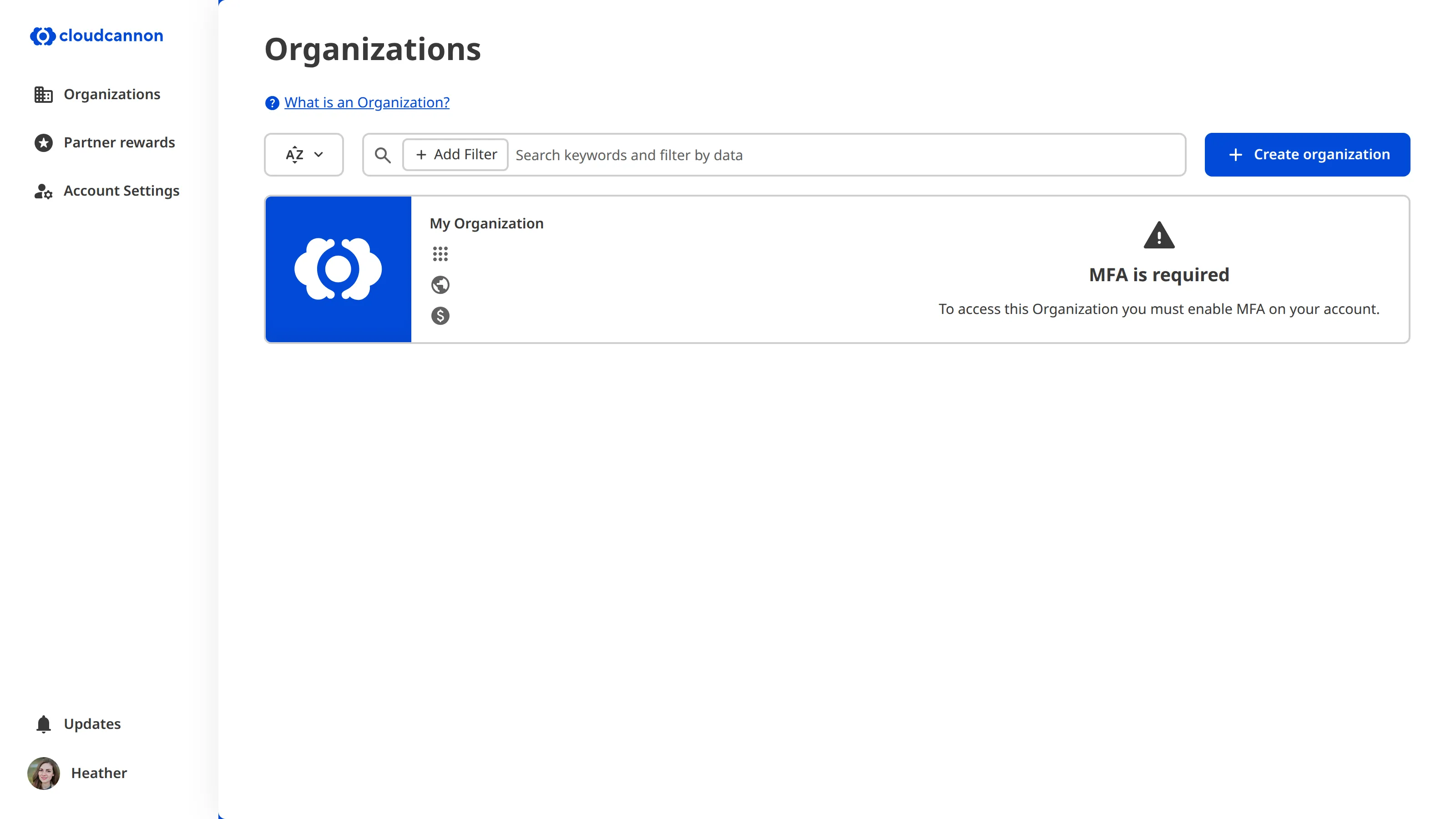 A screenshot of the Organizations page shows that access to an Organization is prevented because MFA is required.