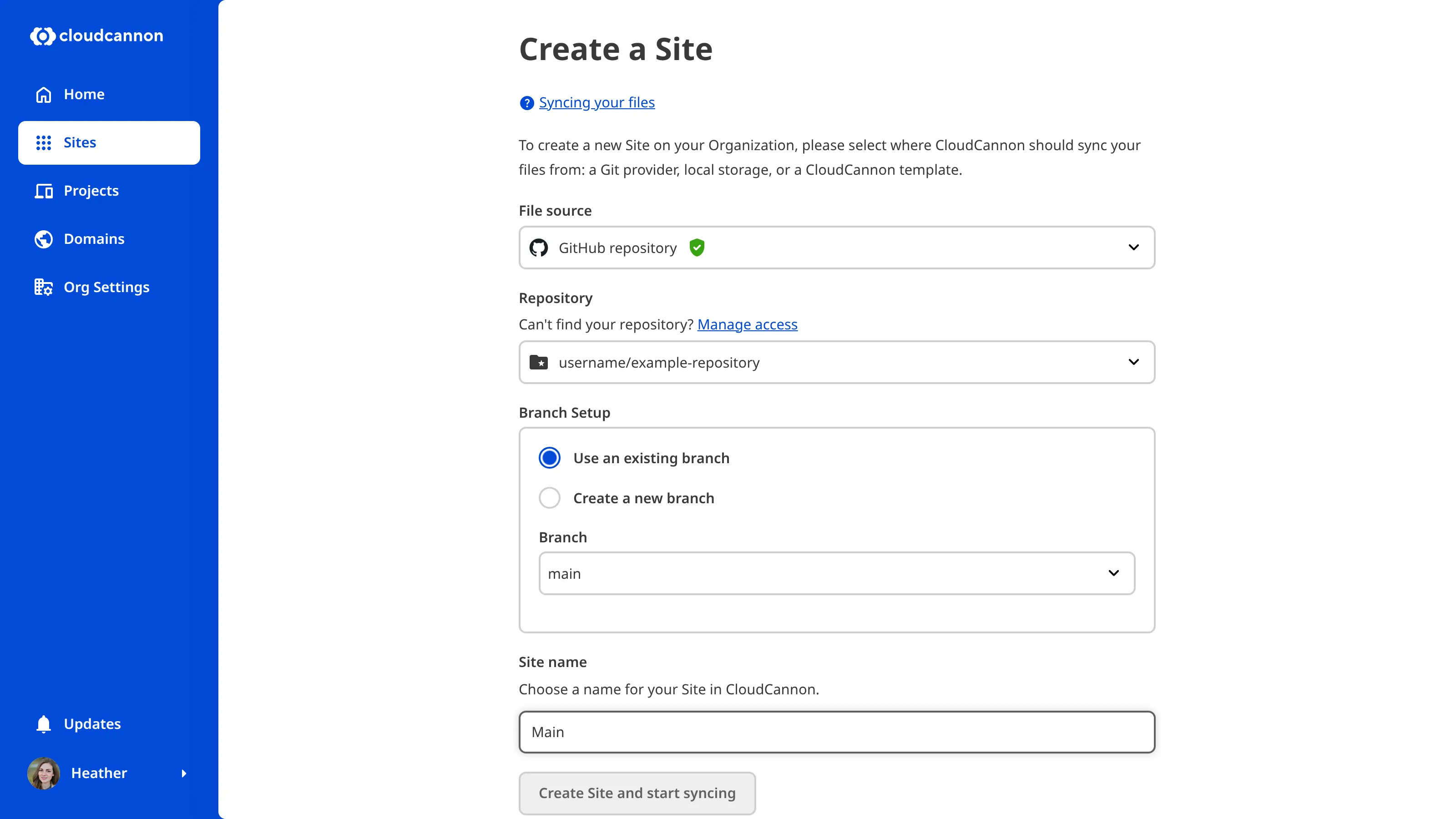 A screenshot of the Create a Site page within a Project, showing the repository, branch selection, and Site name fields.