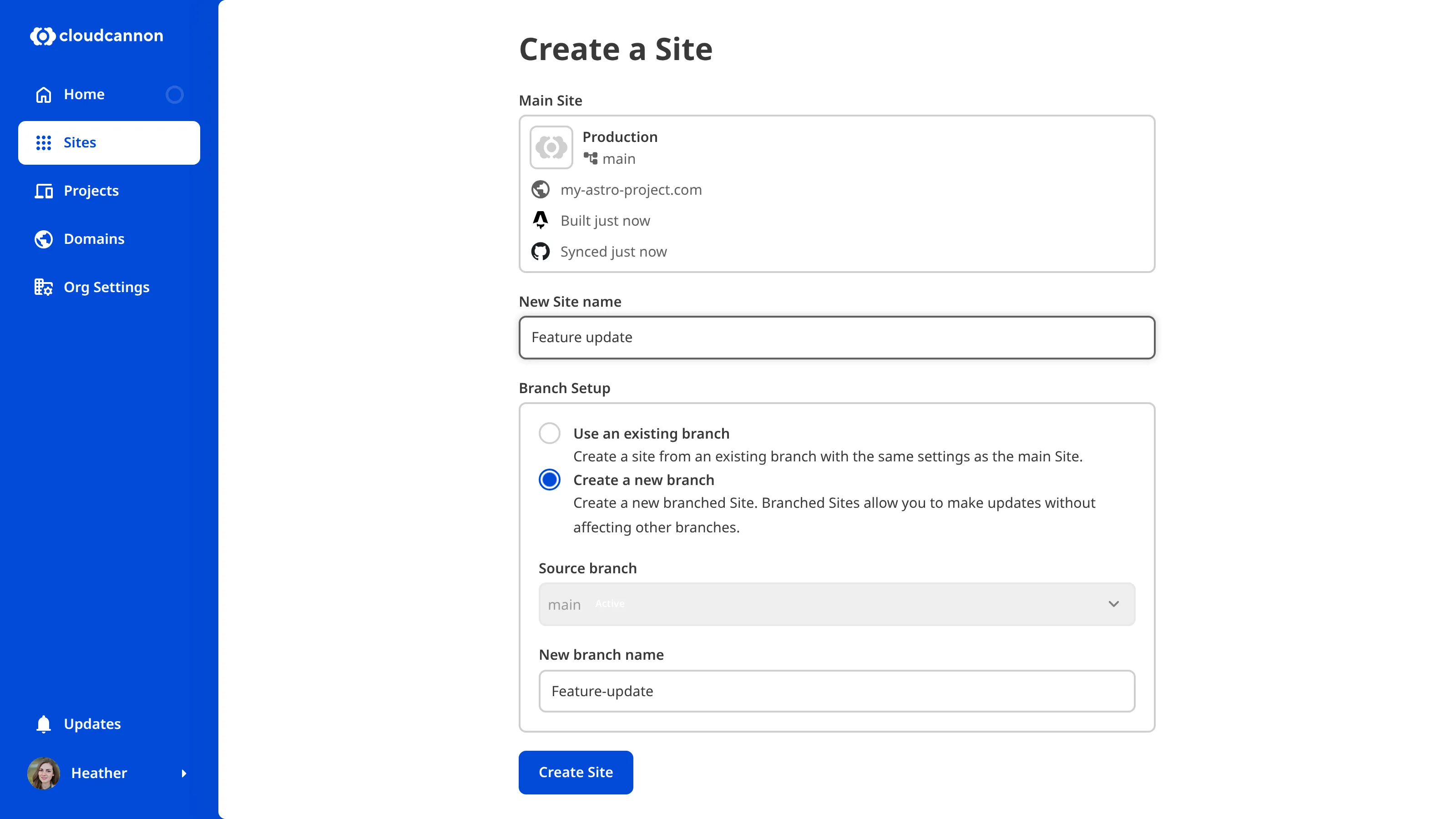 A screenshot of the Create a Site page within a Project, showing the branch setup with the main branch selected as the source branch.