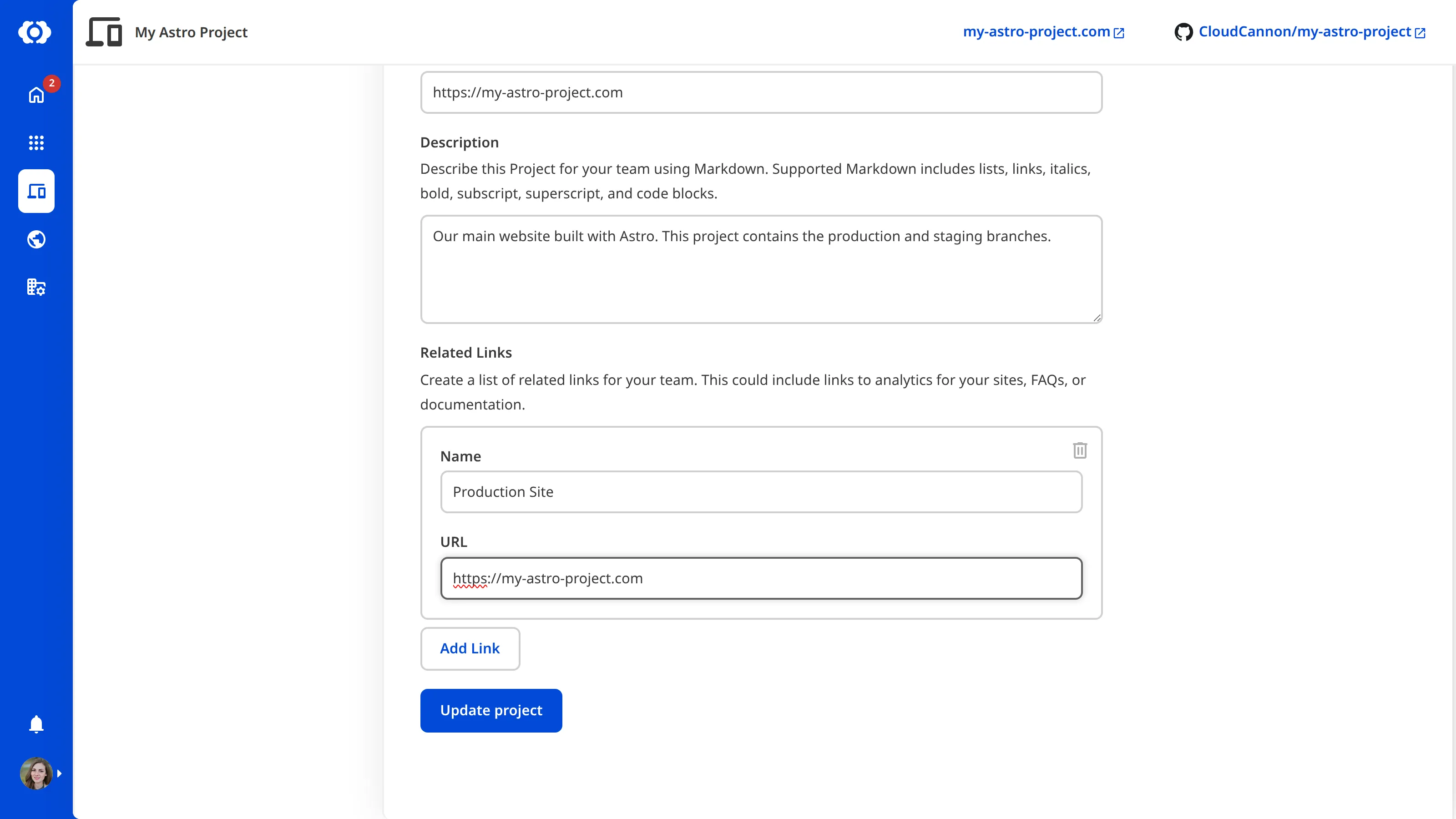 A screenshot of the Project Settings page shows a Related Link named 'Production Site' with a URL filled in.