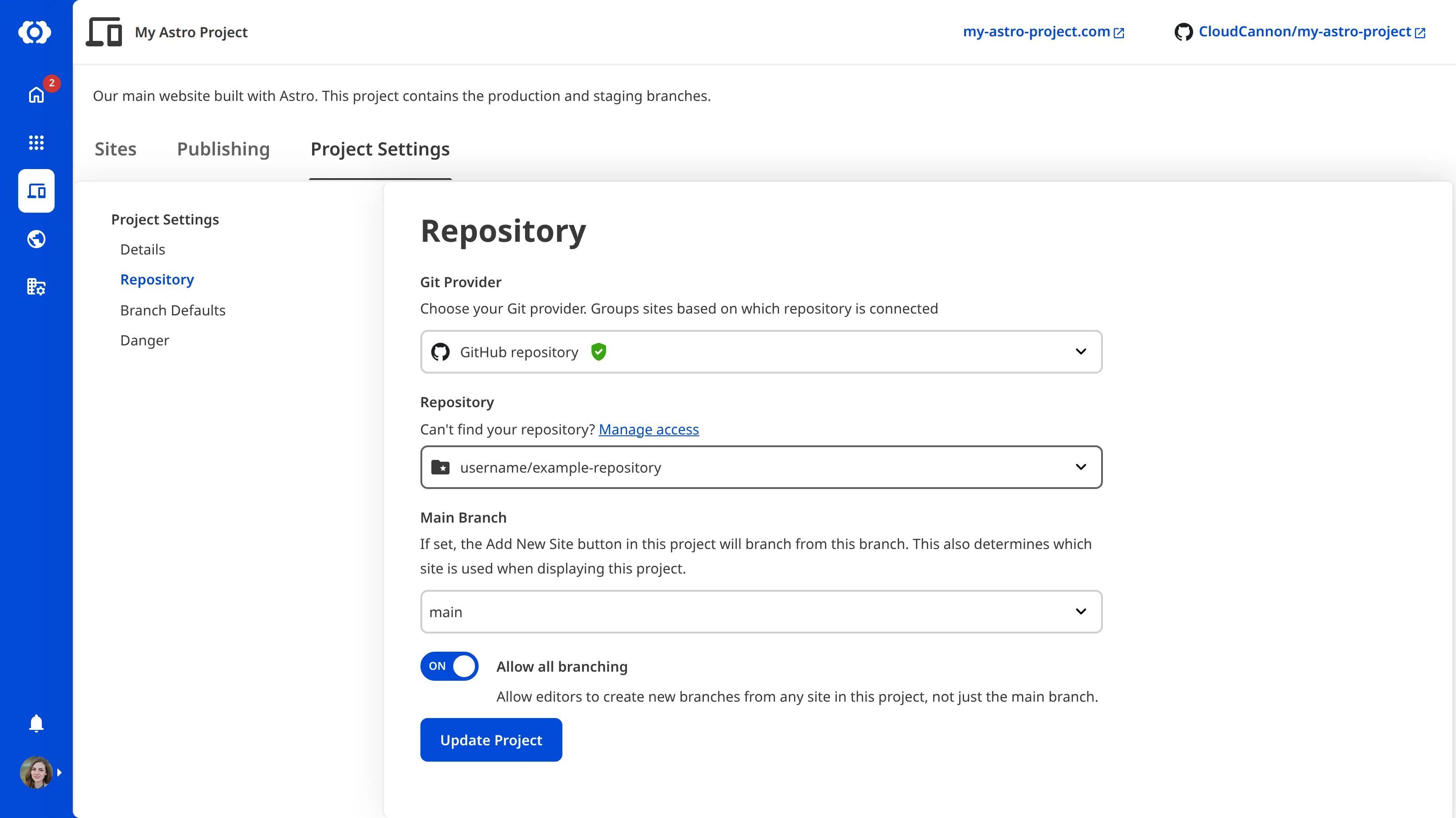 A screenshot of the Repository section in Project Settings, showing the Git Provider, Repository, and Main Branch fields.