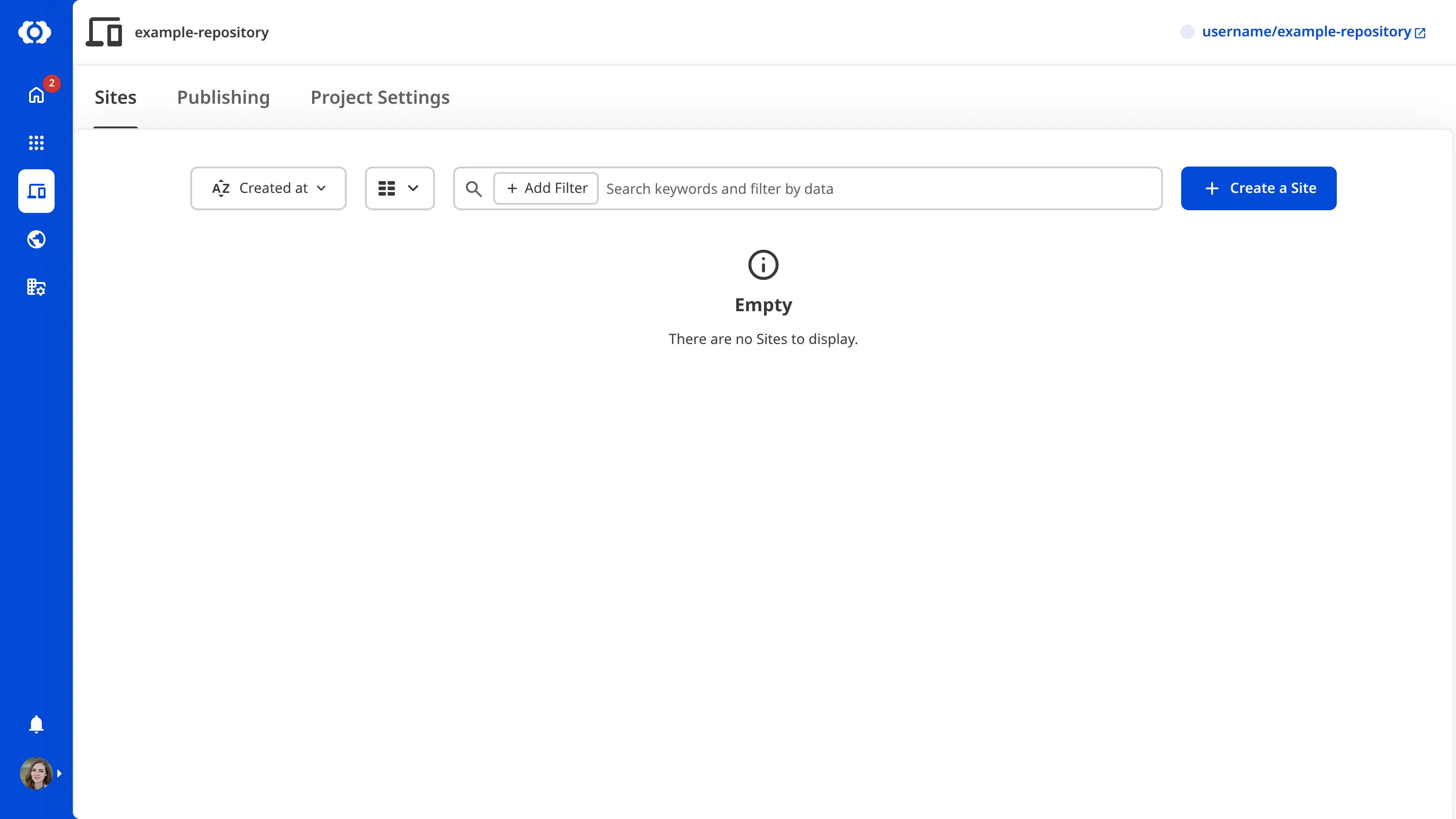 A screenshot of an empty Project page showing the Sites tab with no Sites to display.
