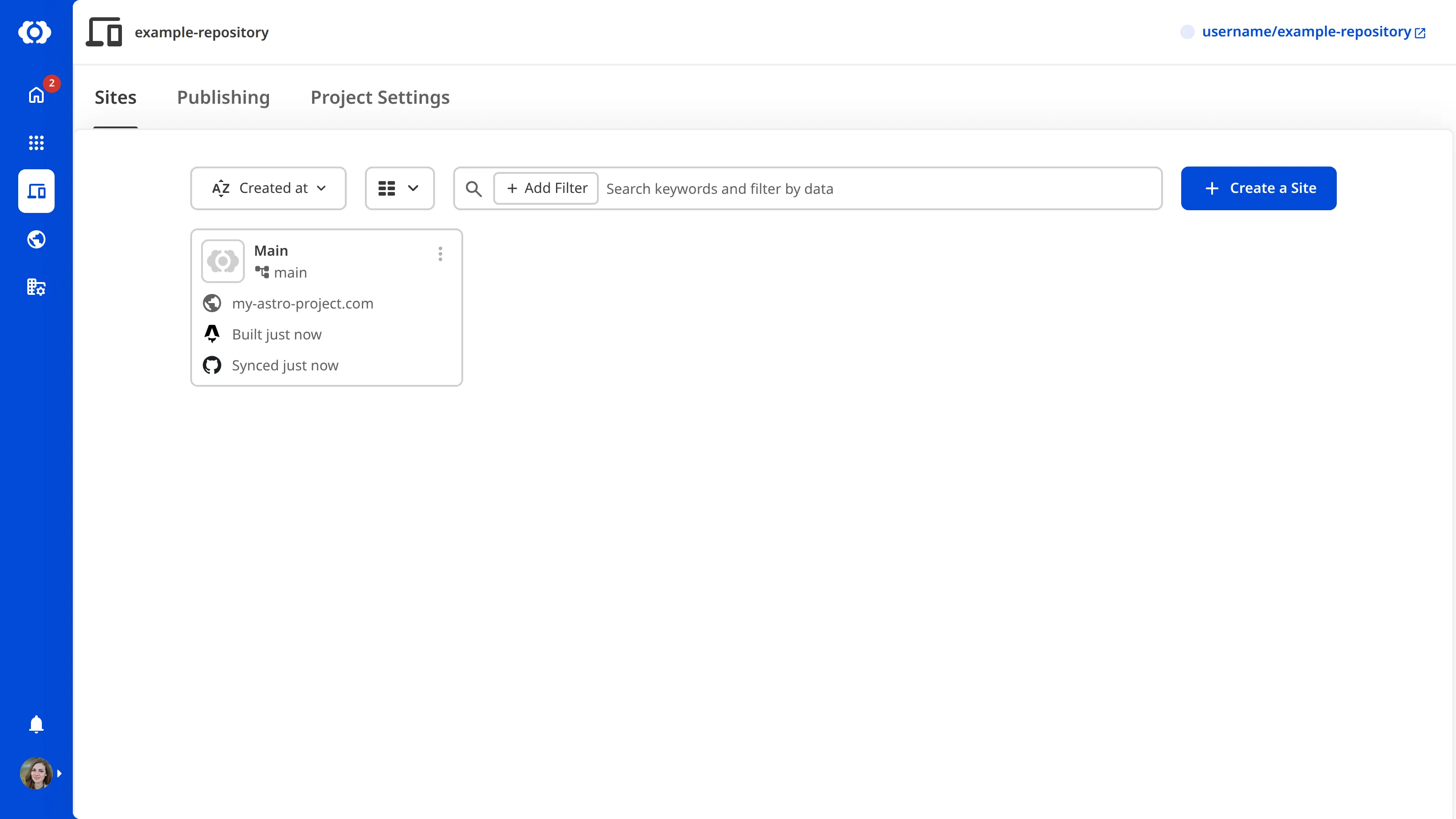 A screenshot of the Project page shows the Sites list with a Create a Site button and one connected Site.