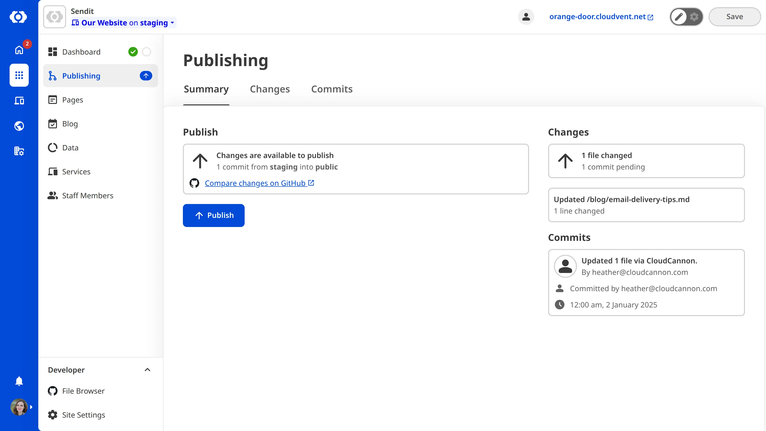 A screenshot of the CloudCannon app shows the Publishing page with a button to Publish pending changes.