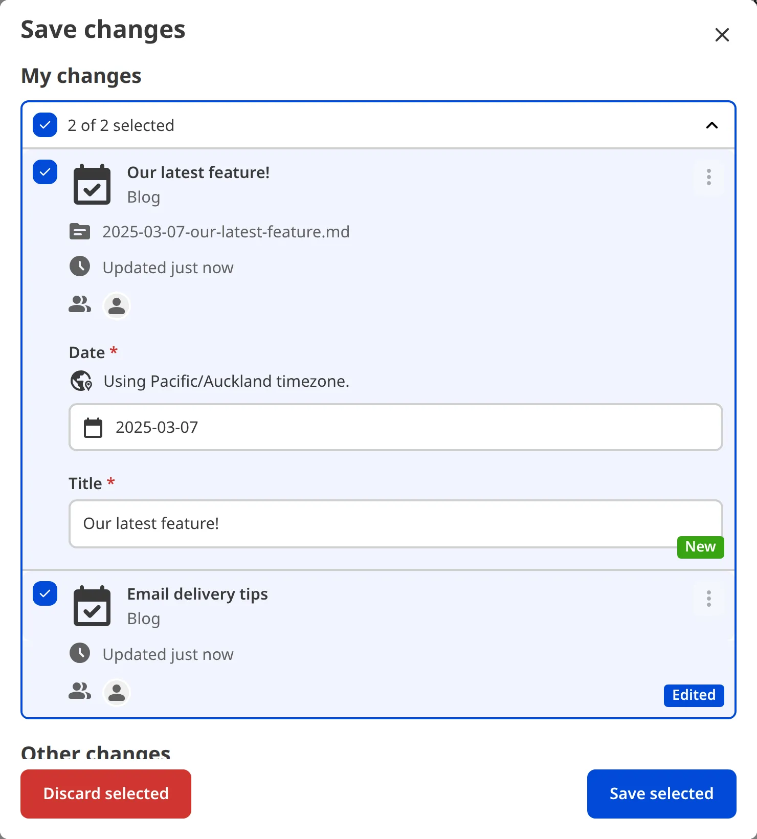 The Save Changes modal with required inputs to save the file.