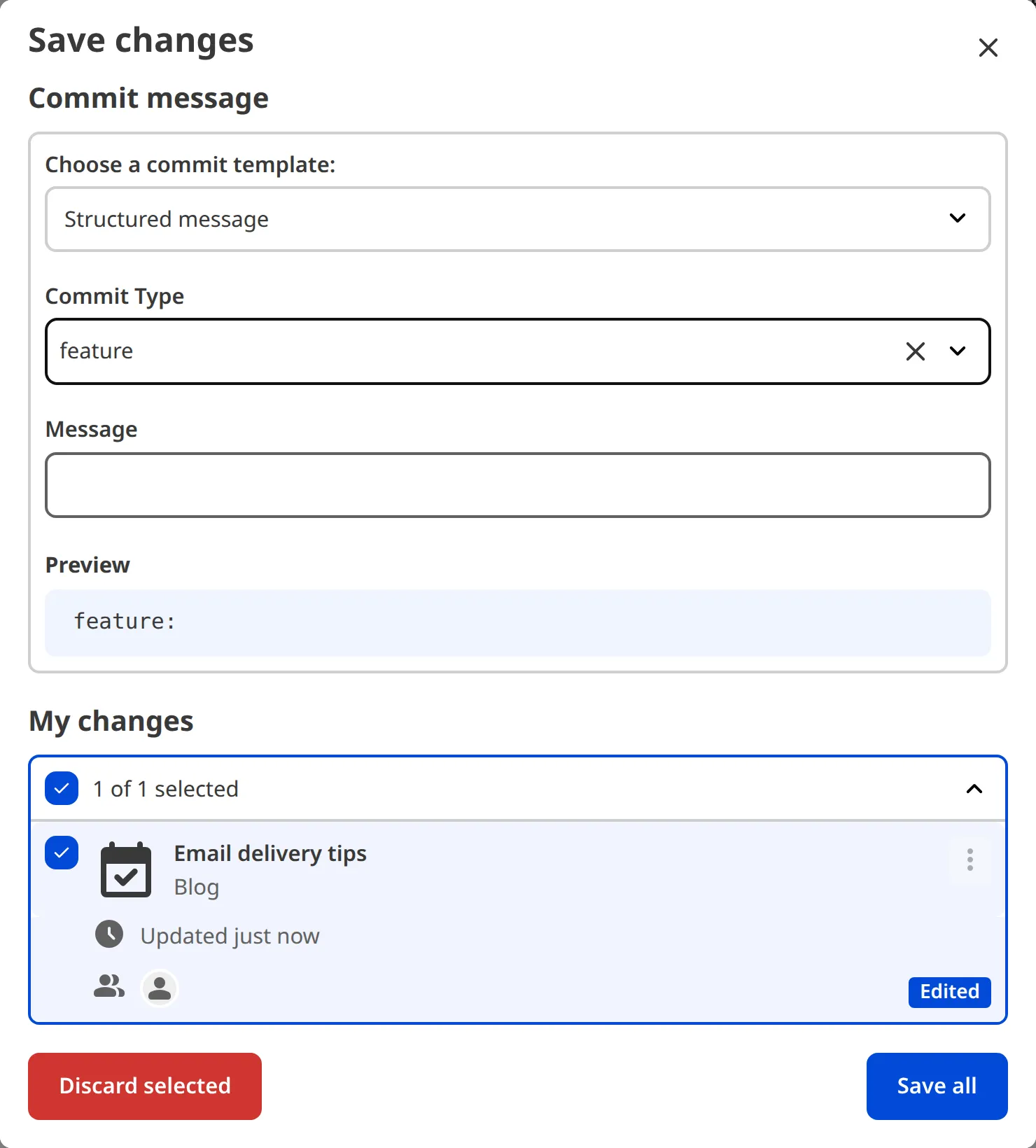 The Save Changes modal shows a commit message with a select and a text input.
