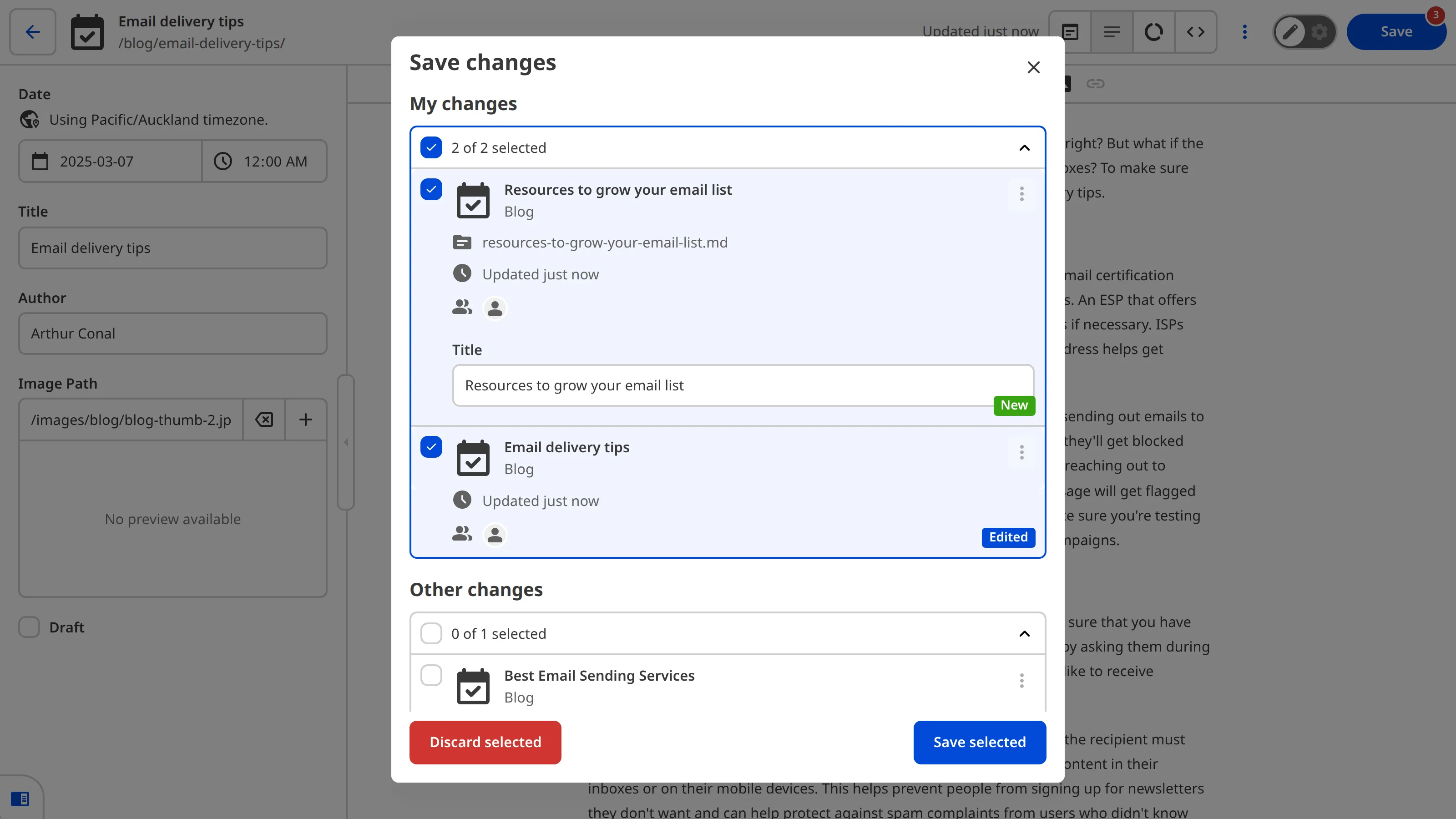 A screenshot of the Review changes modal shows all files with unsaved changes, organized into sections.