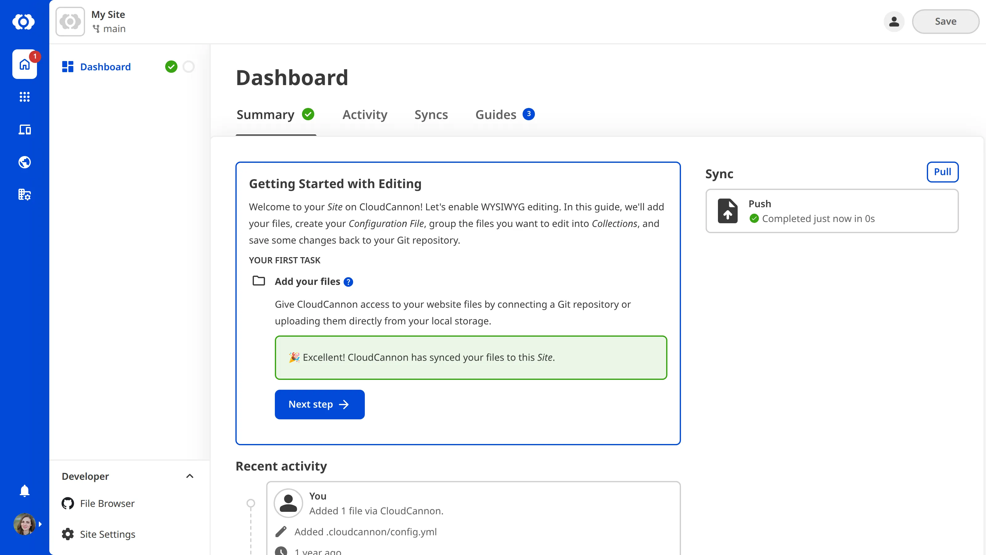 The Site Dashboard A screenshot of the Site Dashboard shows the Getting Started with Editing guide with a task to Add your Files.
