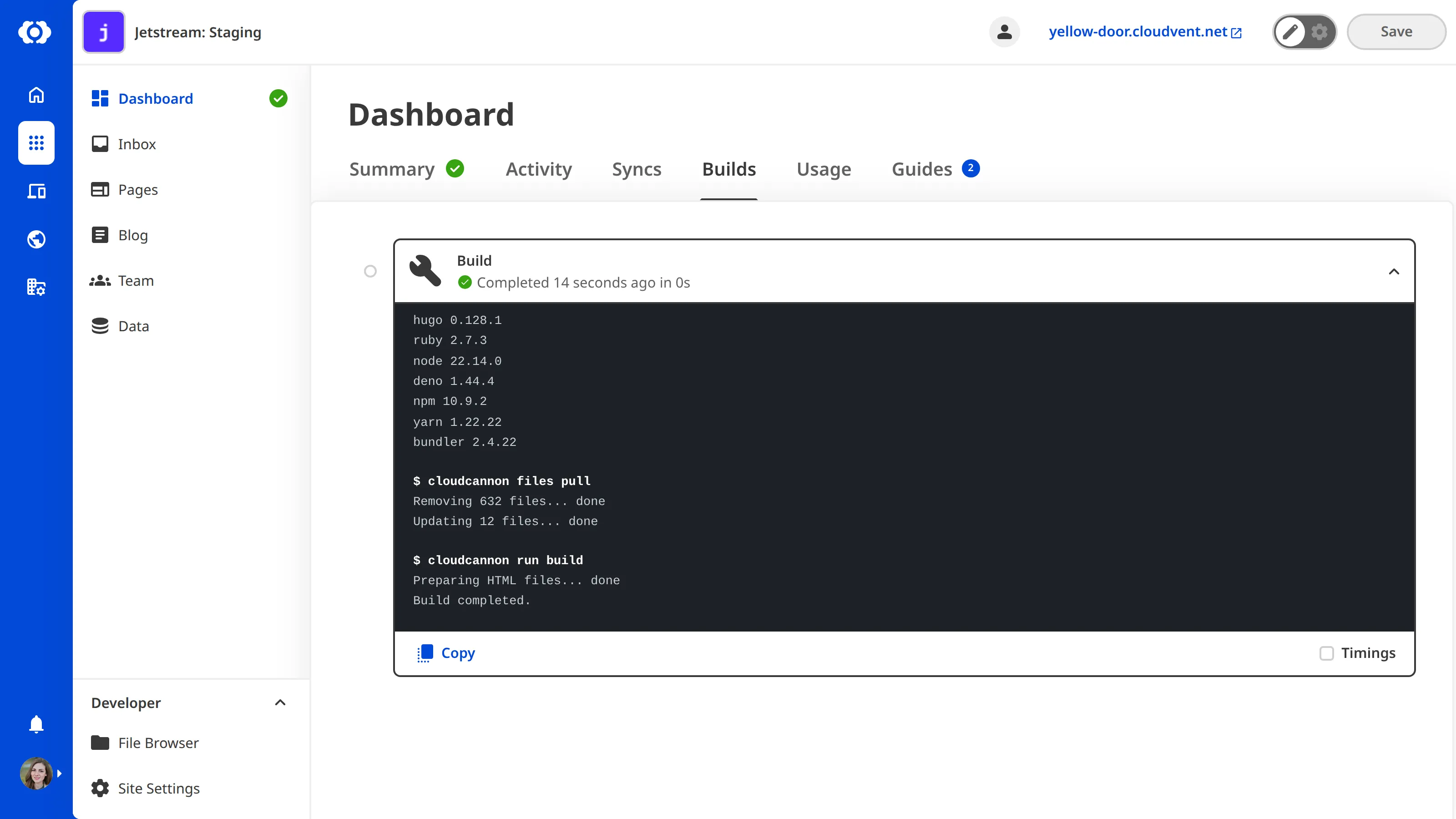 A screenshot of the Status page Builds tab shows the first build of a Site is running.