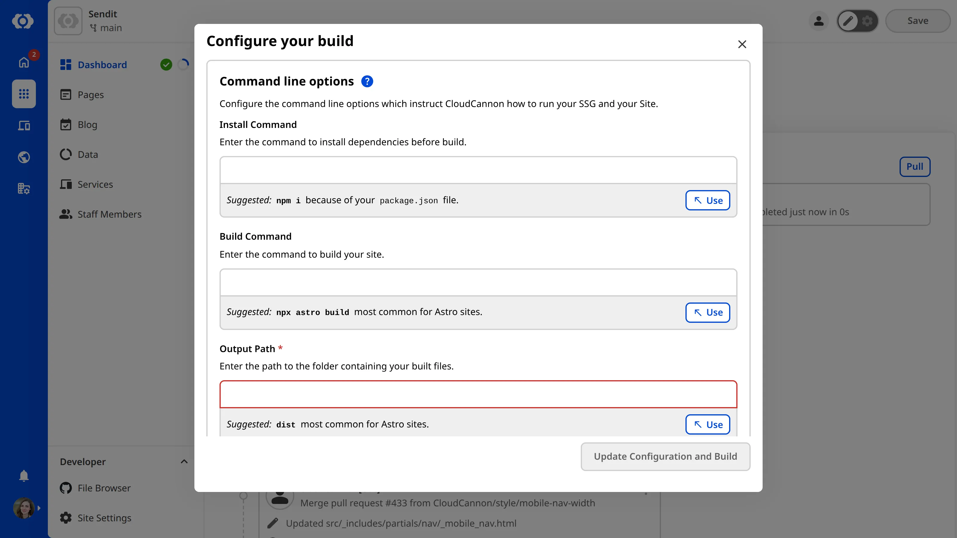 A screenshot of the Configure your build modal shows gray boxes containing CloudCannon's suggestions for your command line options.