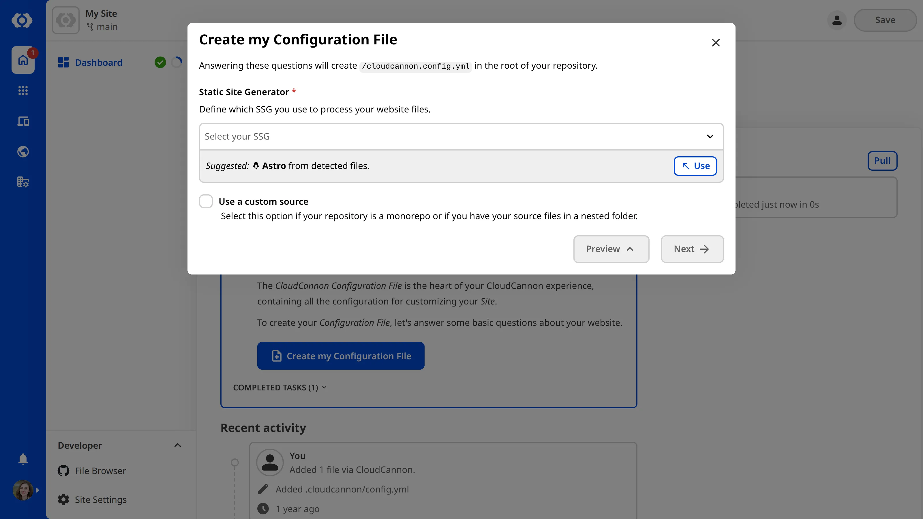 The Create my Configuration File modal A screenshot of the Create my Configuration File modal shows text fields for selecting your SSG and source folder.