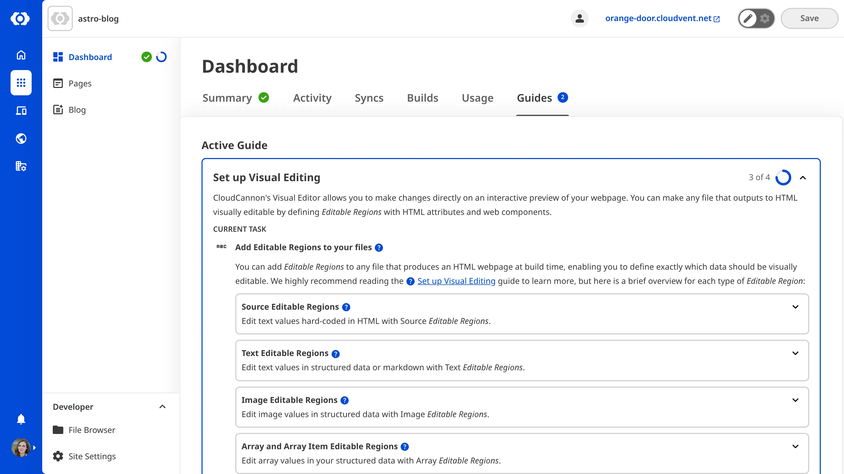 A screenshot of the Guides tab on the Site Dashboard shows that the active in-app guide is Set up Visual Editing.