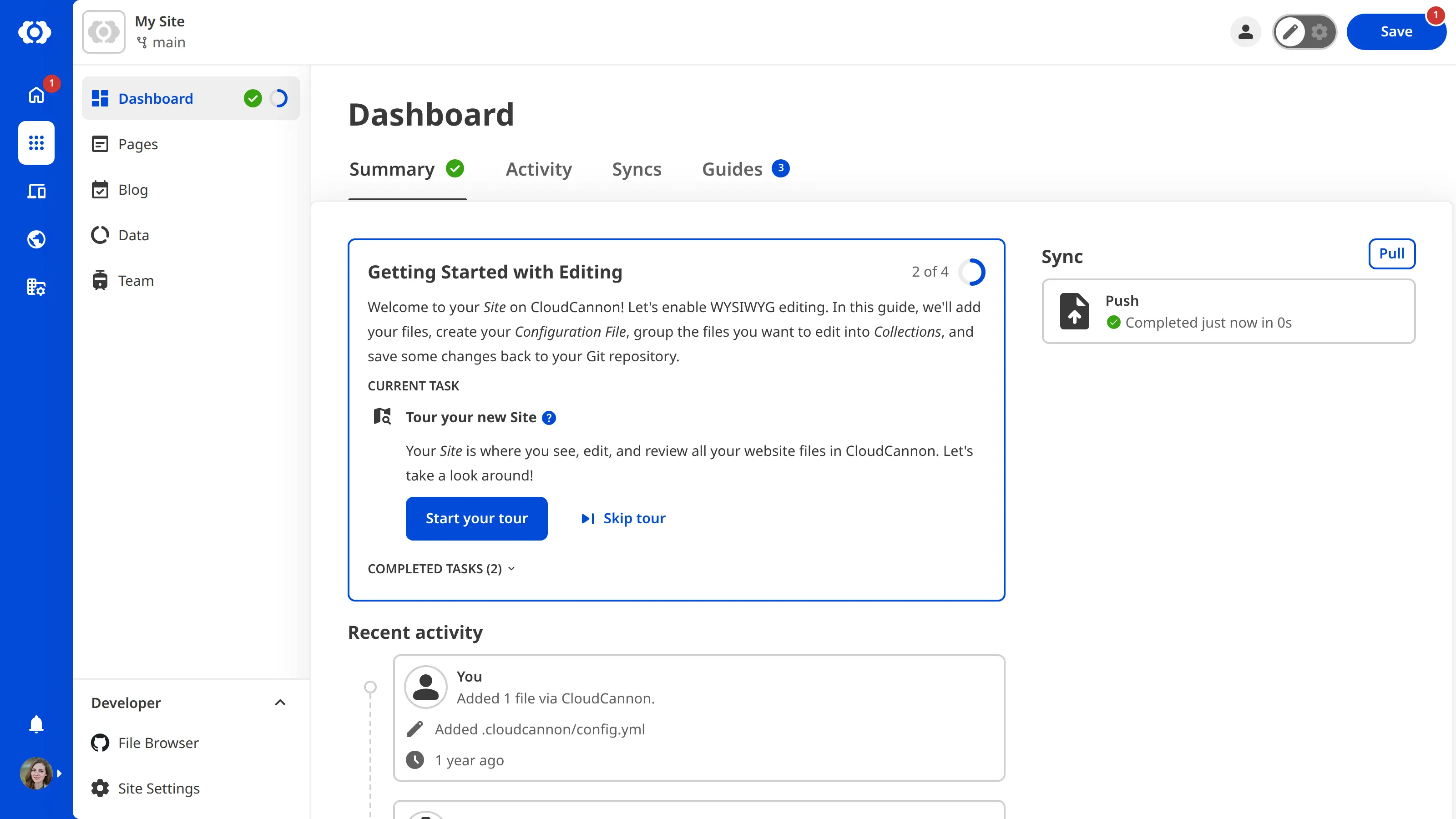 A screenshot of the Site Dashboard shows the Getting Started in-app guide with a task to Tour your new Site.