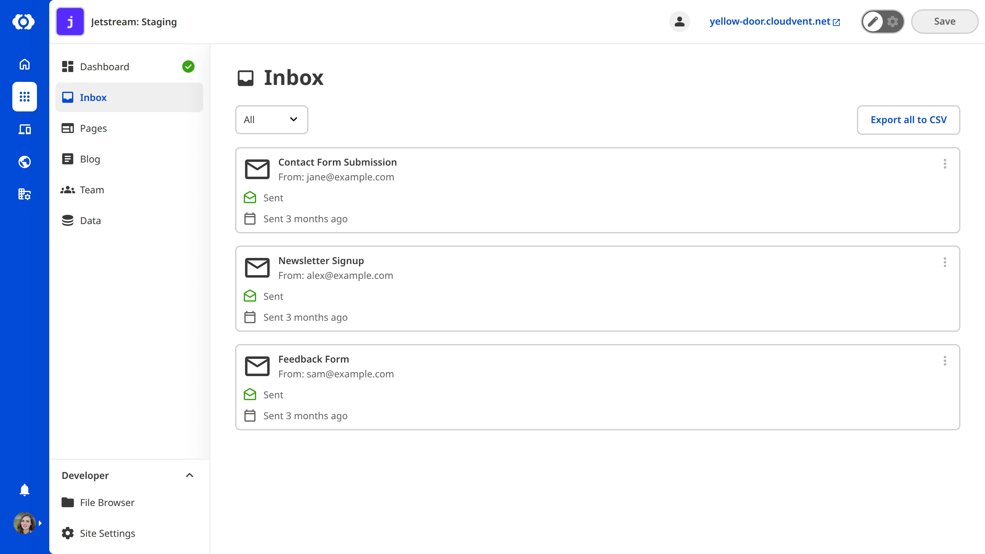 The Inbox A screenshot of the Inbox shows a list of form submissions under the All category, with an Export button at the top.