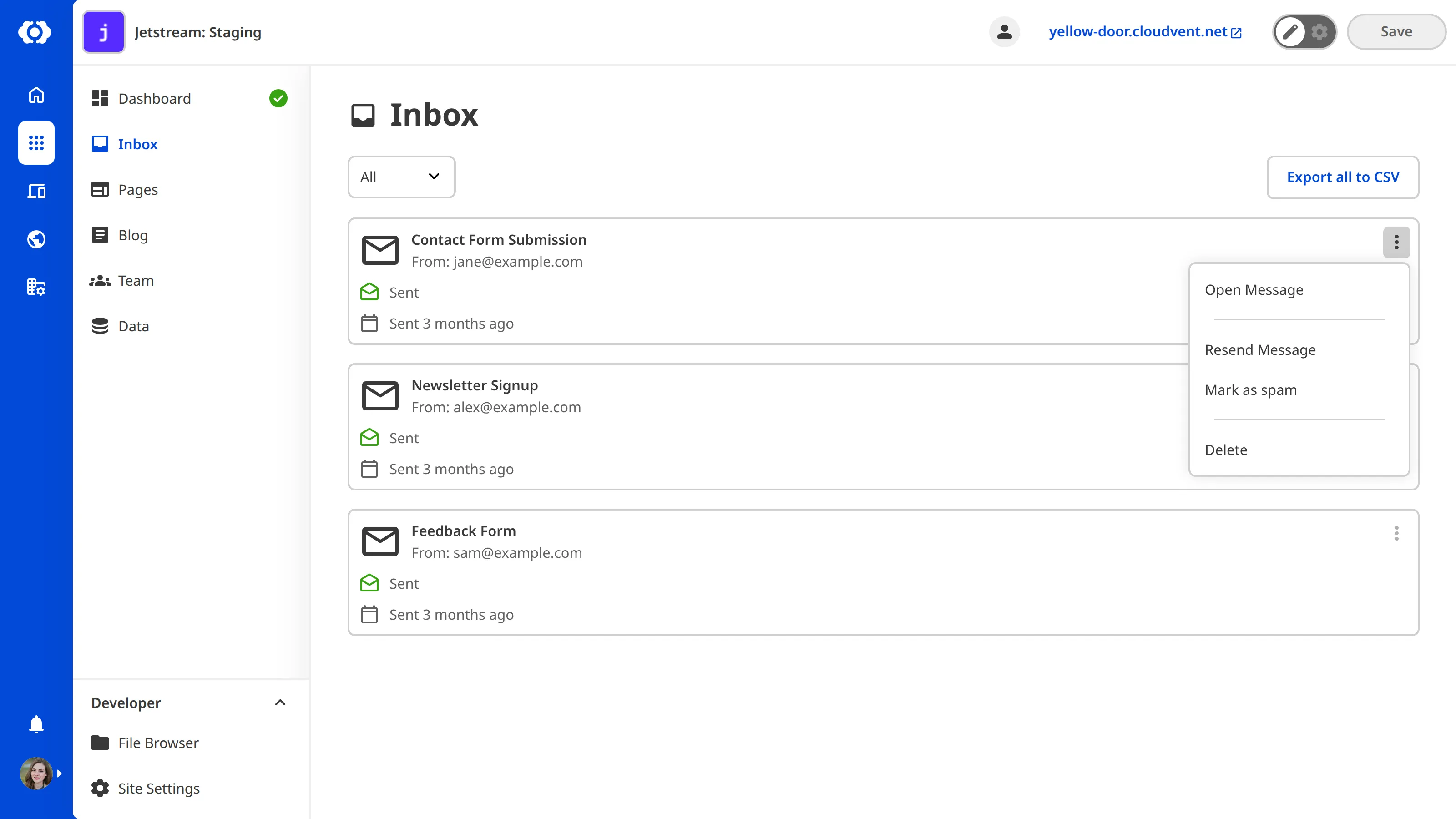 A screenshot of the Inbox shows a context menu open on a submission, providing options to manage the submission.