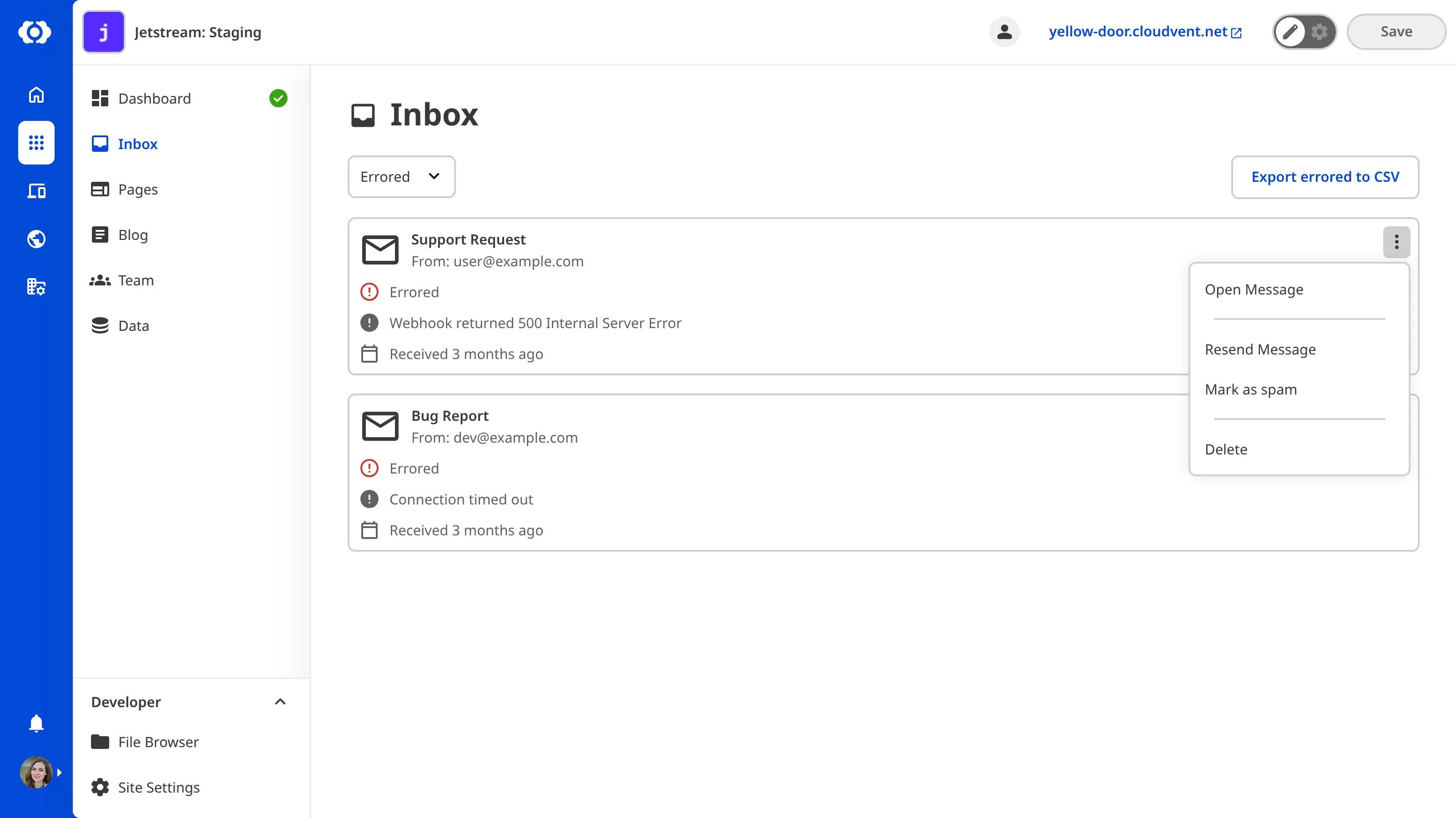 The Errored category with context menu A screenshot of the Inbox shows the Errored category with a context menu open on a submission, displaying the error message and resend option.