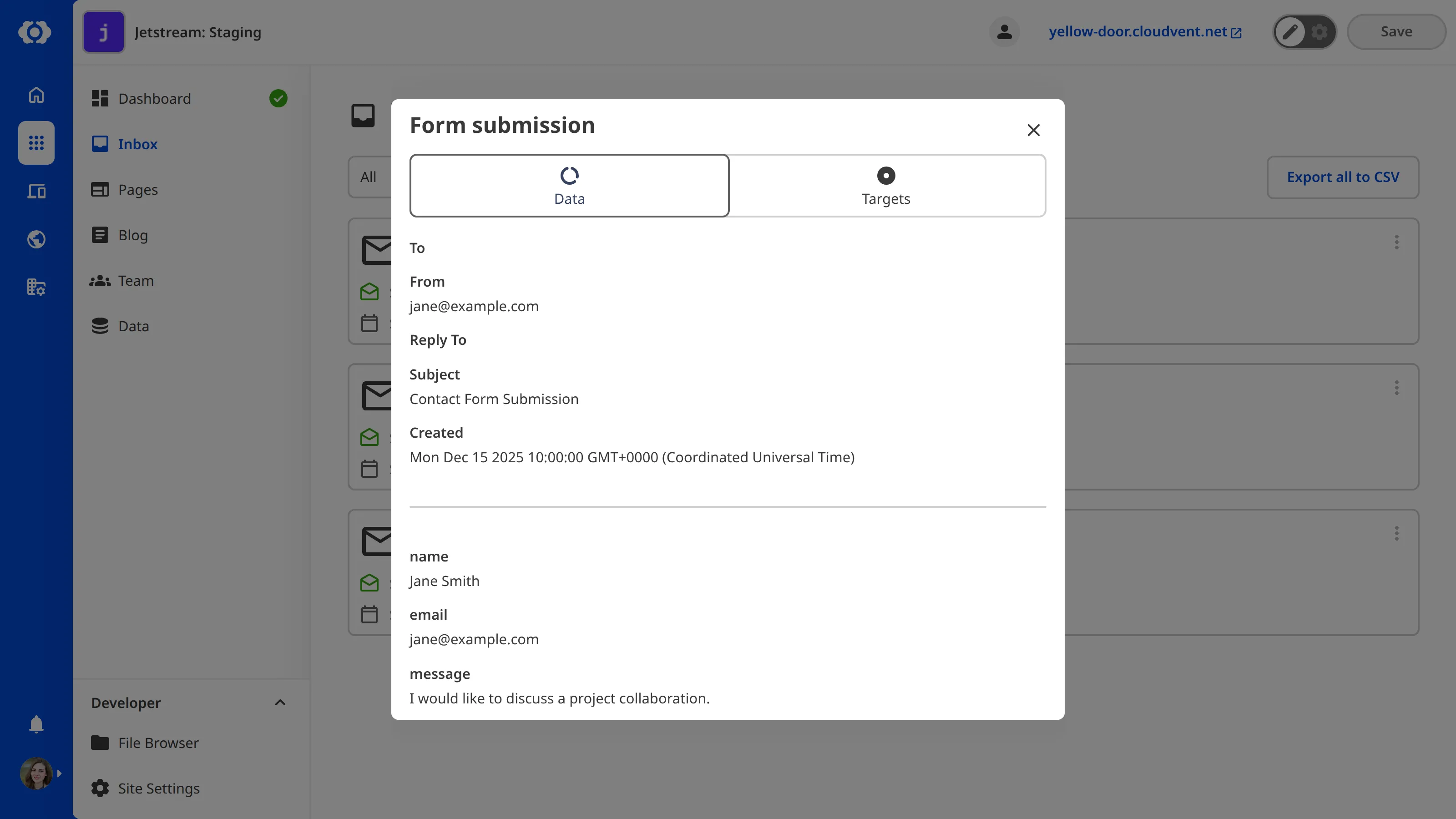A screenshot of the submission details modal shows the form data, including the sender, subject, and submitted fields.