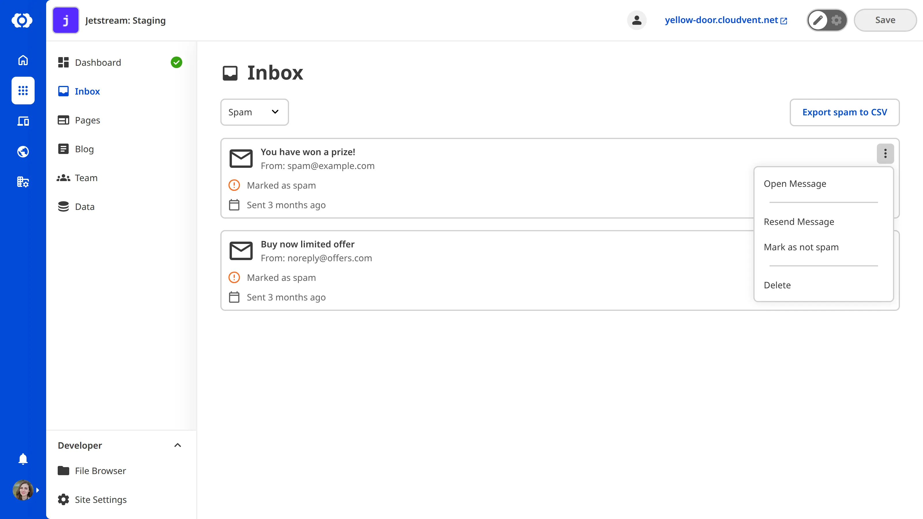 A screenshot of the Inbox shows the Spam category with a context menu open on a submission, providing options to manage the submission.