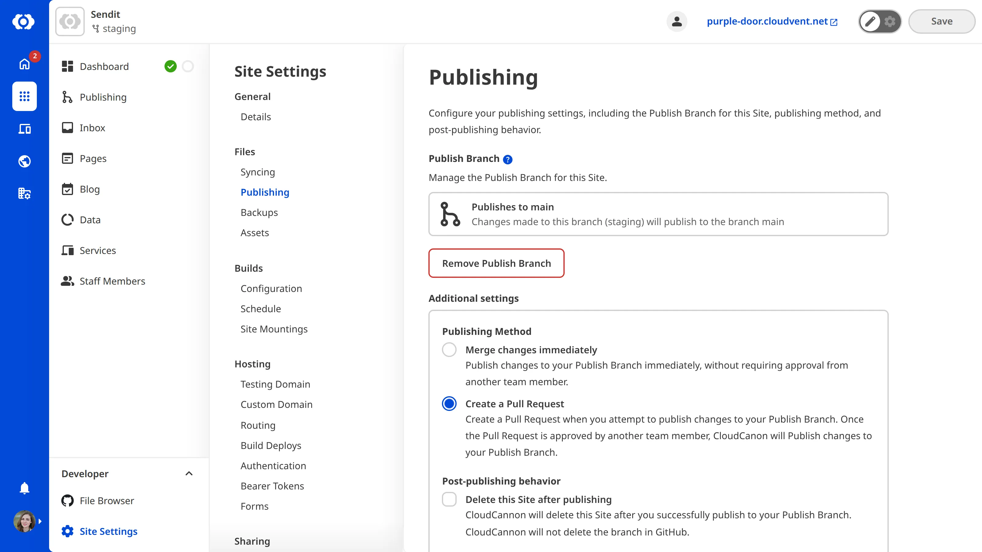 The Publishing settings page in CloudCannon, showing the publish branch and merge mode options.
