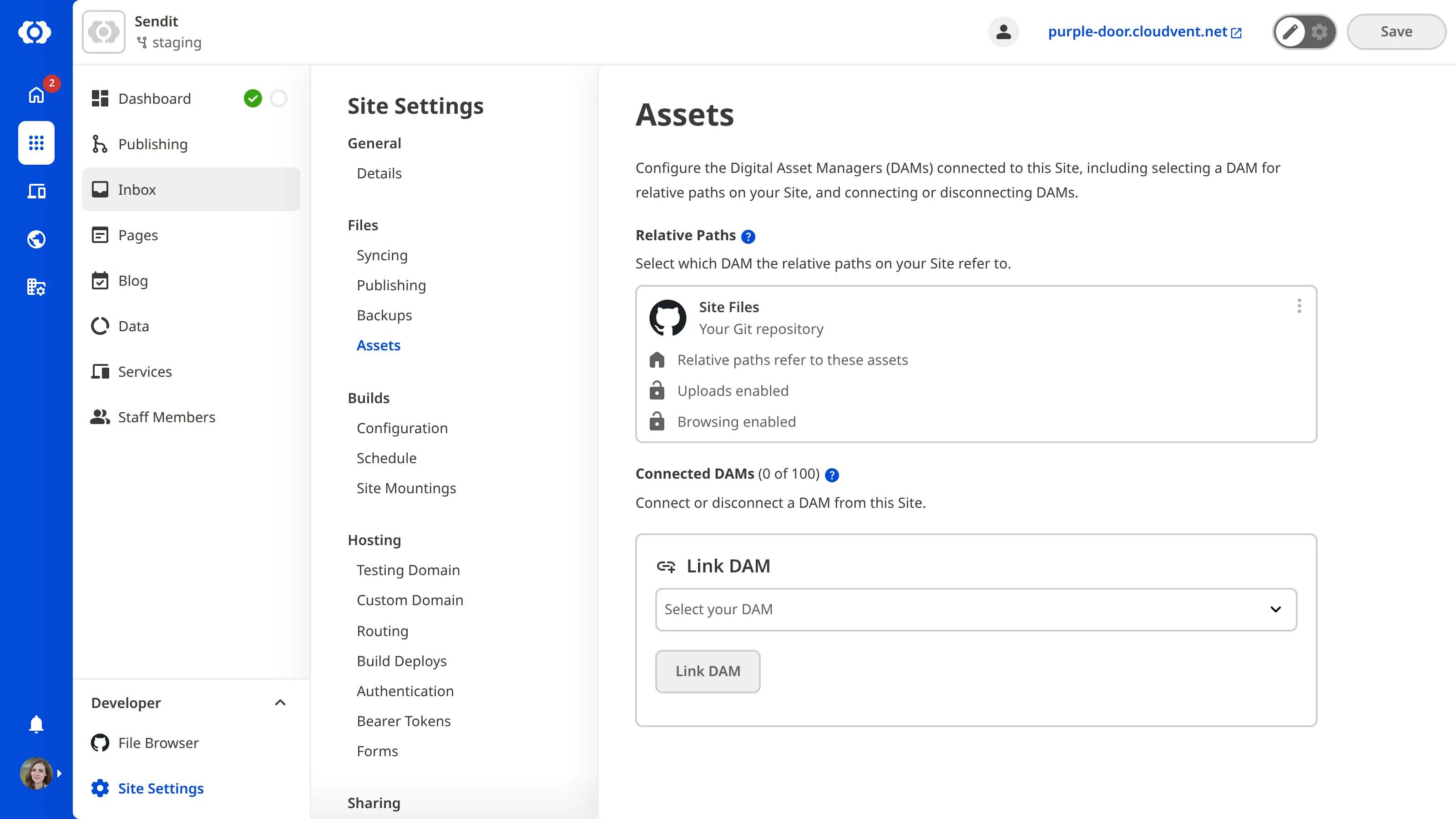 The Site Settings Assets page, showing options to link a DAM to your site.