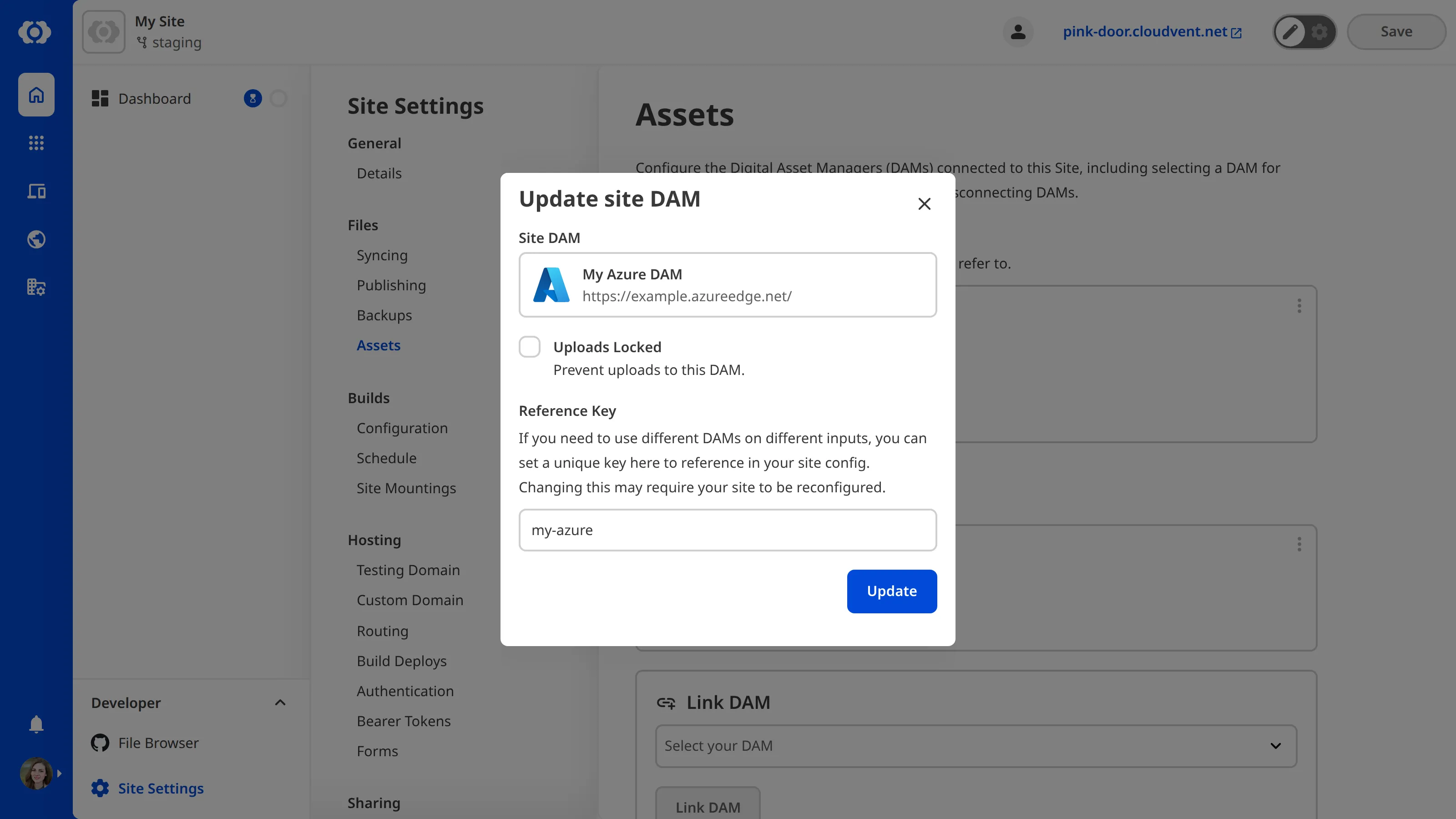 A screenshot of the Update site DAM modal shows fields for configuring a DAM linked to your site, including Reference Key and Uploads Locked options.