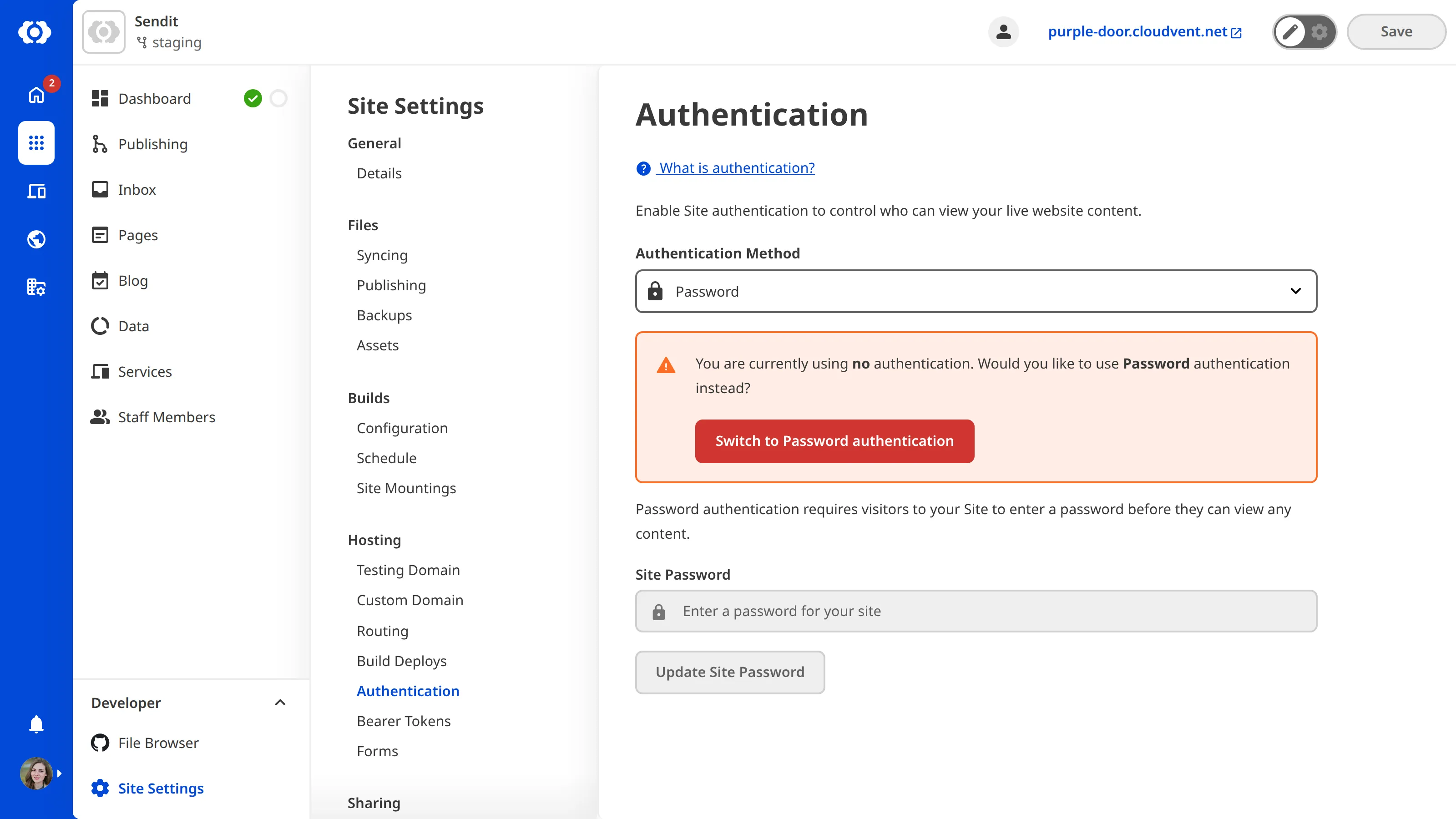 A screenshot of the Authentication page shows the Switch to Password authentication button.