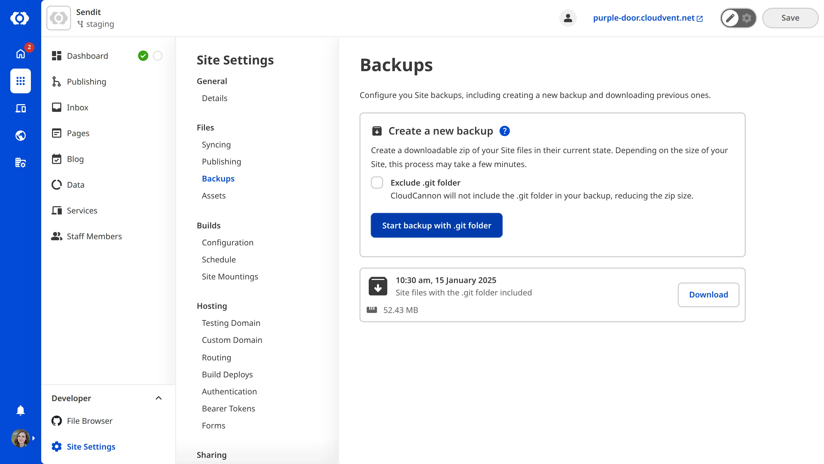 Starting a new backup from your source files and downloading backups from specified date time