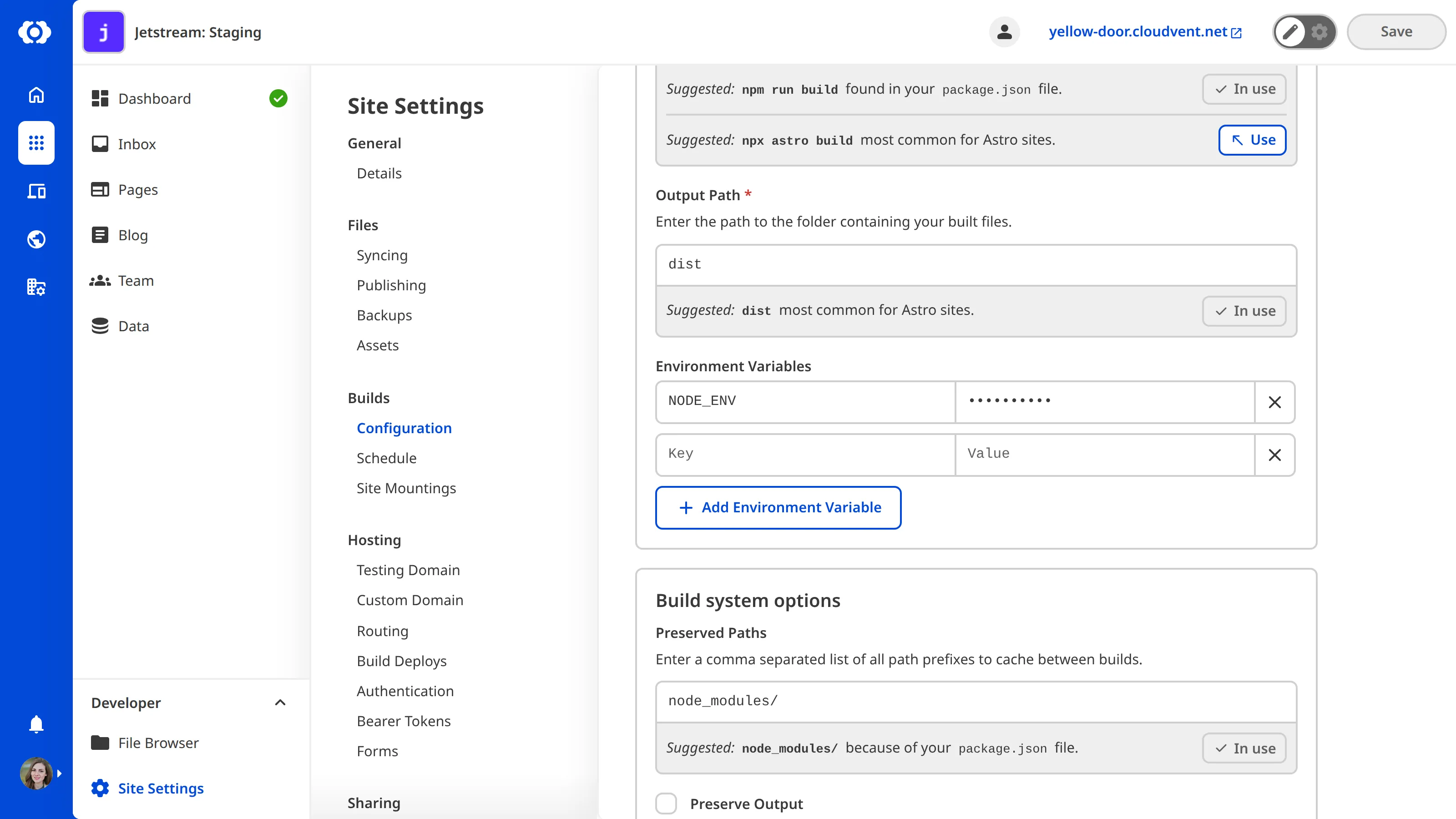 A screenshot of the Build Configuration page shows a text field for configuring your environment variables and an Add Environment Variable button.