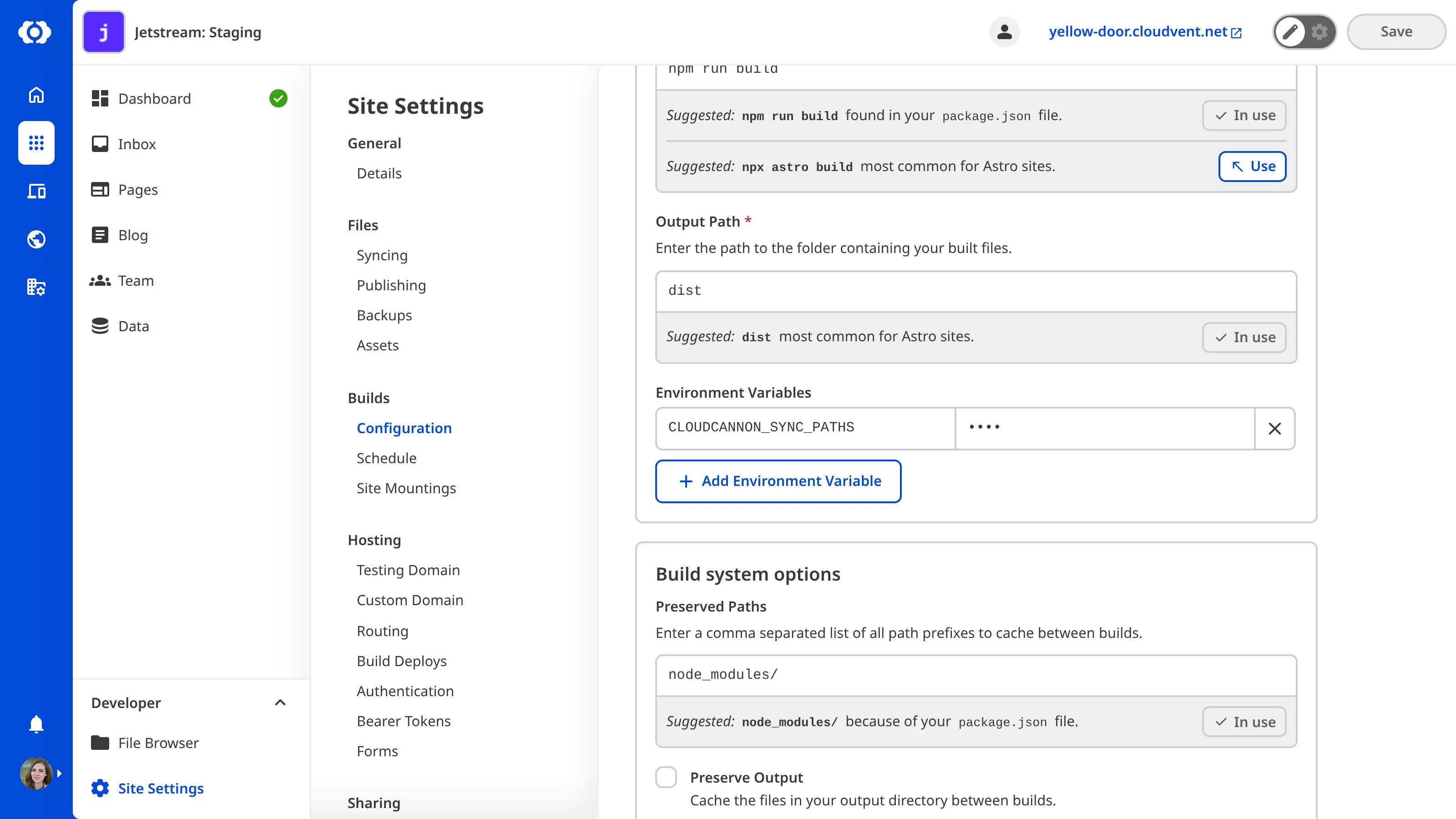 The Build Settings sync paths Screenshot of build settings with sync paths configured
