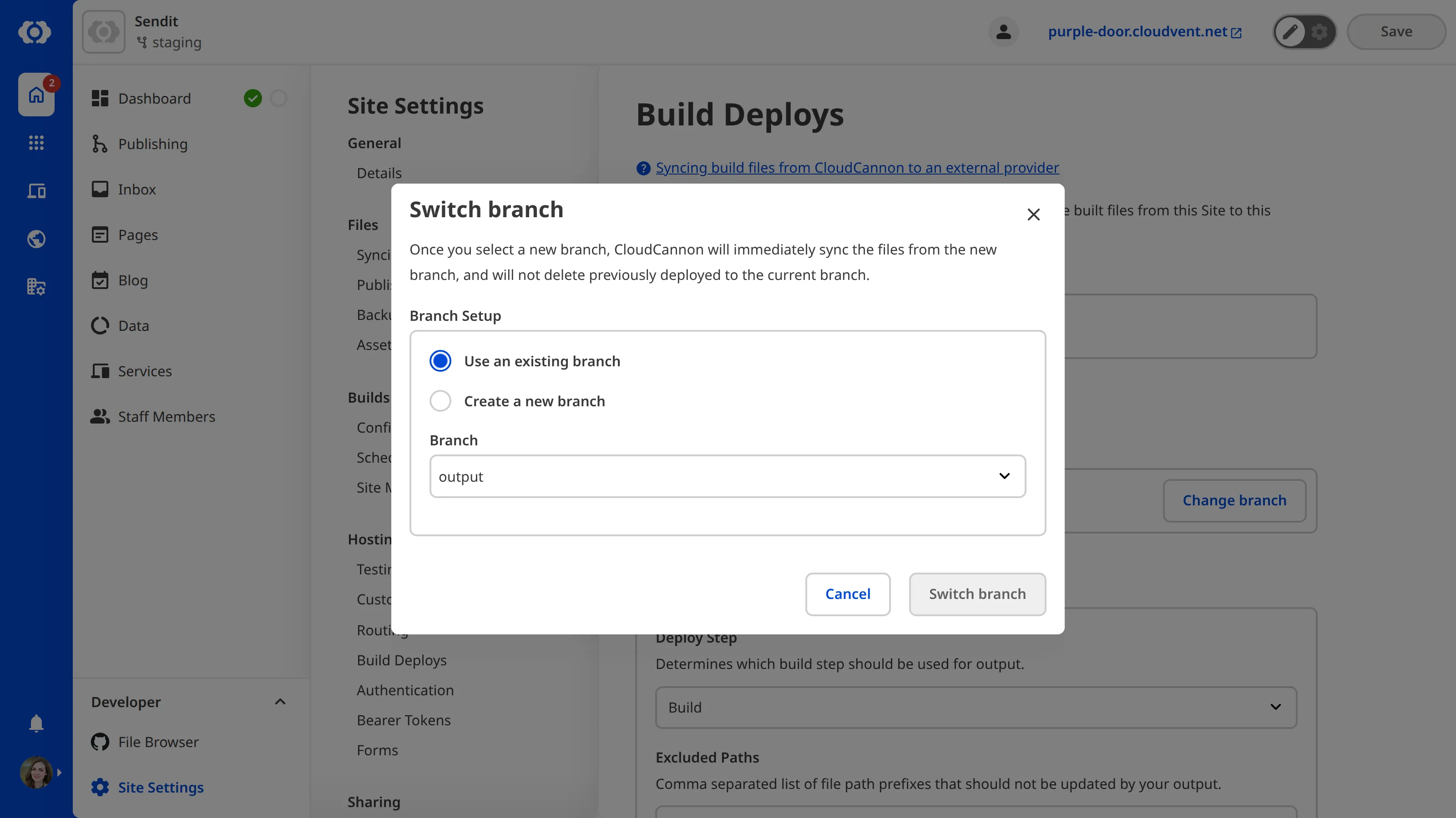 The Switch branch modal with a Branch dropdown and options to use an existing branch or create a new one.