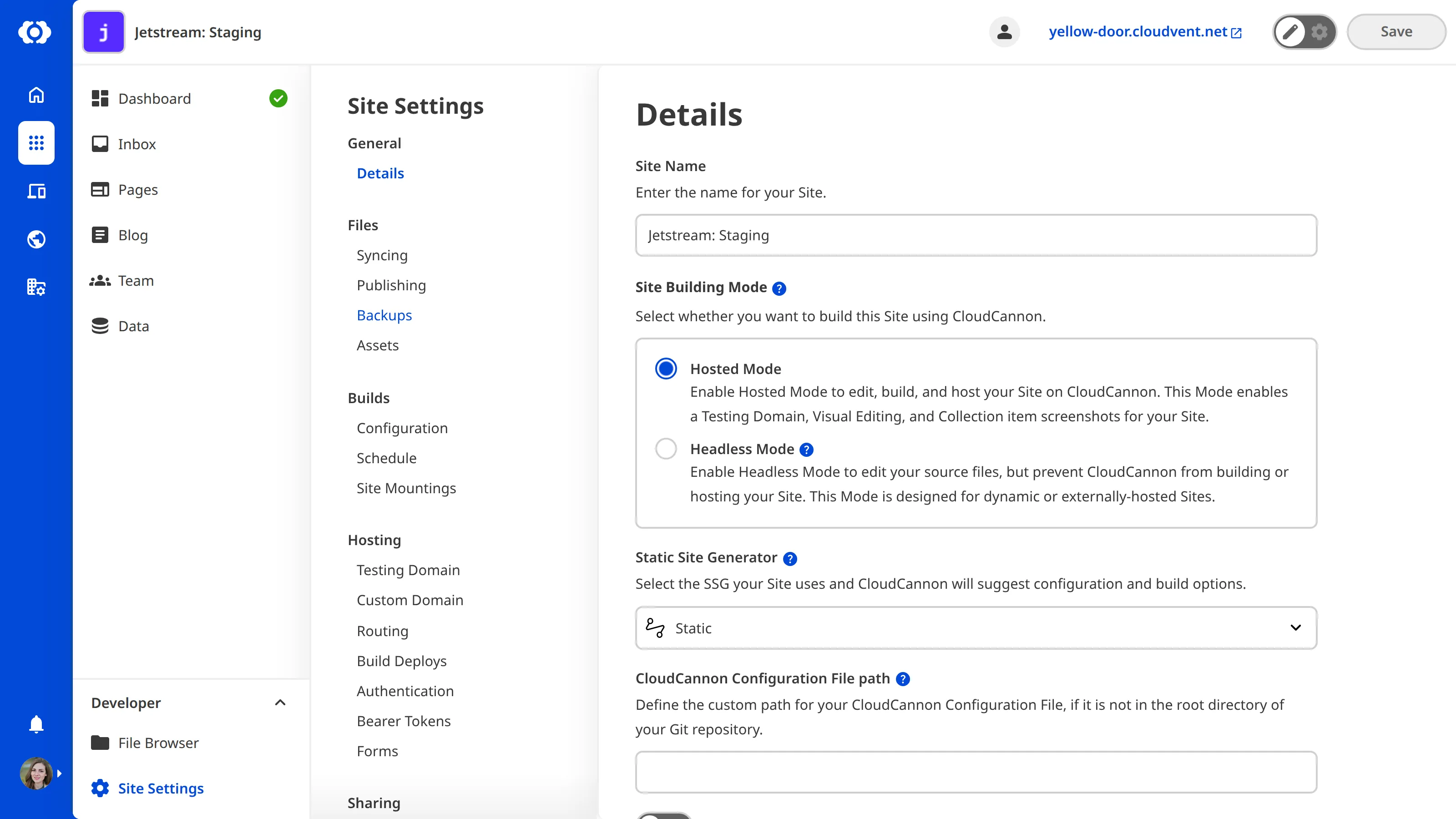 A screenshot of the Build Site page with the SSG Static selected from the dropdown menu.