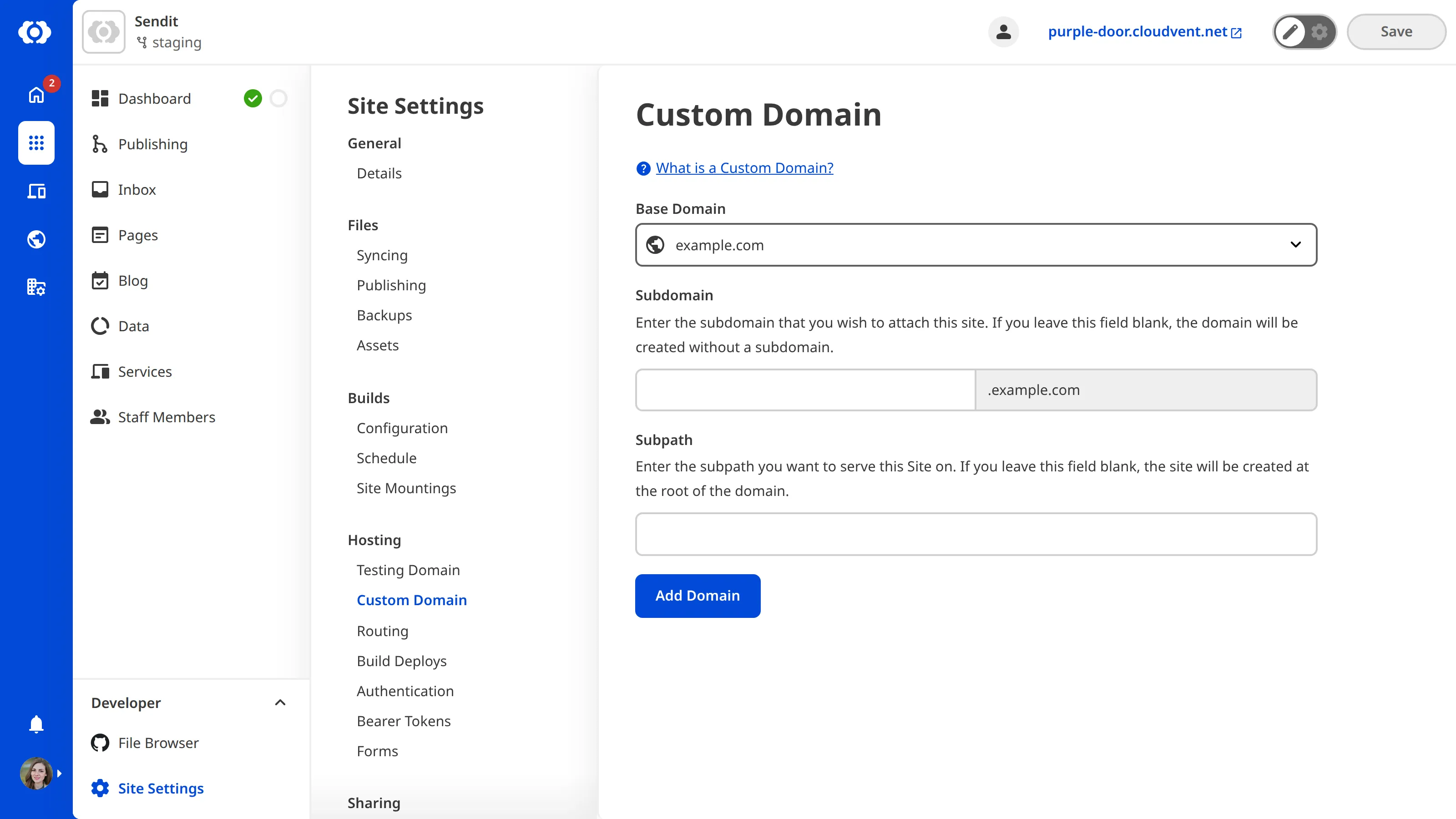 A screenshot of the Custom Domain page under Site Settings shows the Base Domain dropdown and two text fields for Subdomain and Subpath.