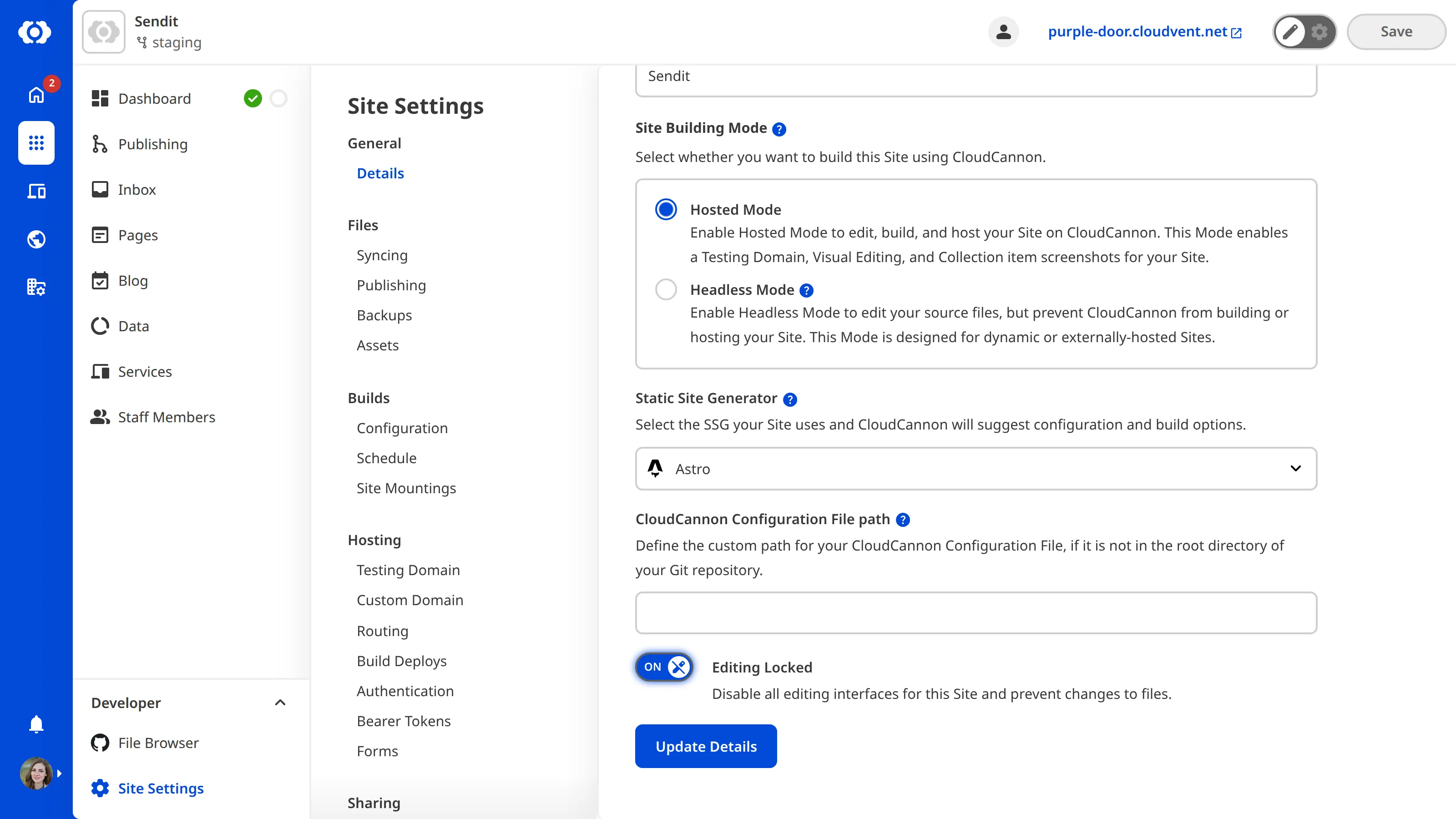 A screenshot of the Details page under Site Settings shows the Editing Locked toggle switched on.
