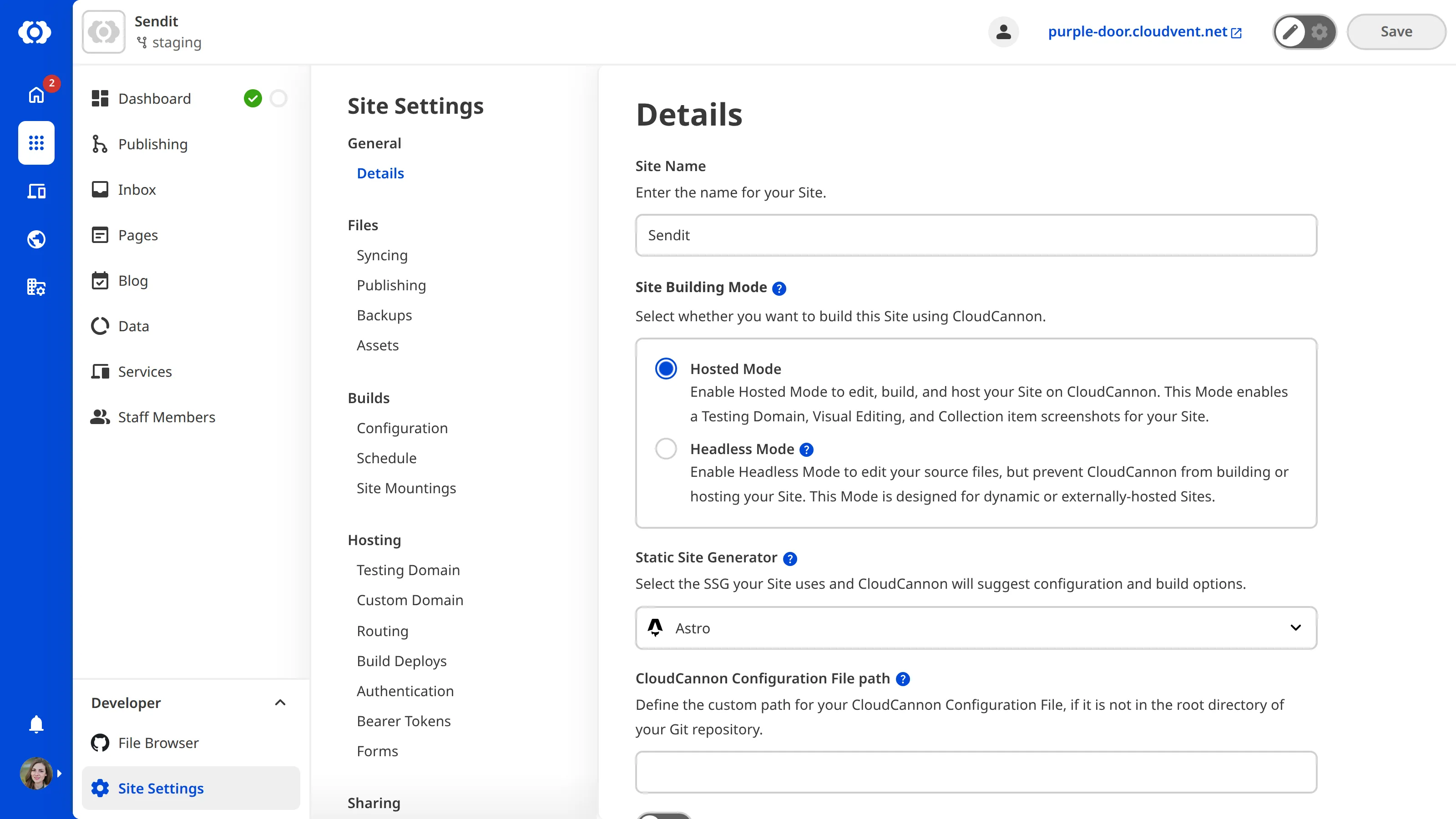 A screenshot of the Details page shows the Mode field with radio buttons for Hosted and Headless.