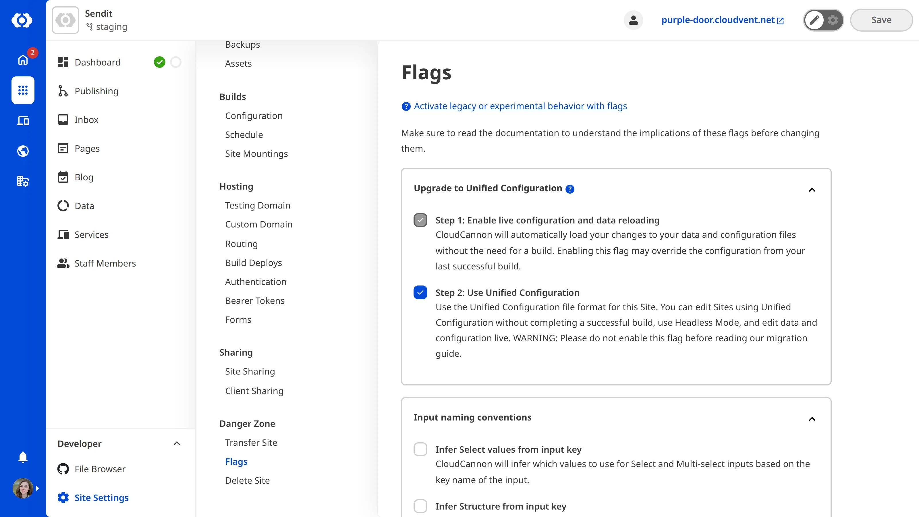 The Flags page A screenshot of the Flags page in your Site Settings shows three checkboxes for enabling opt-in behavior in CloudCannon.