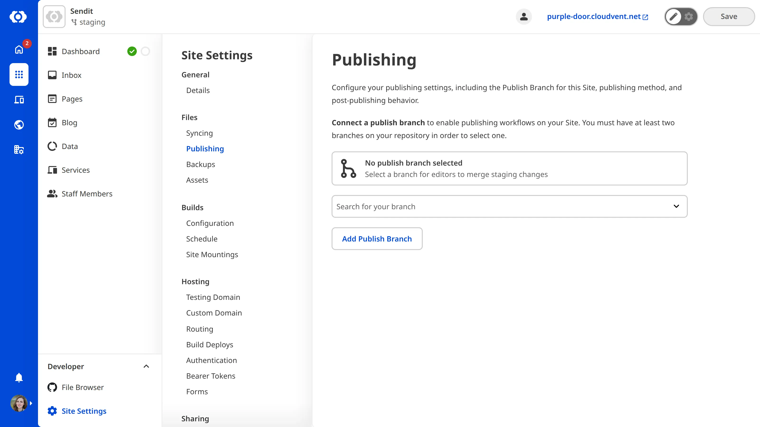 A screenshot of the Publishing page shows the empty state with a search field and button to add a Publish Branch.