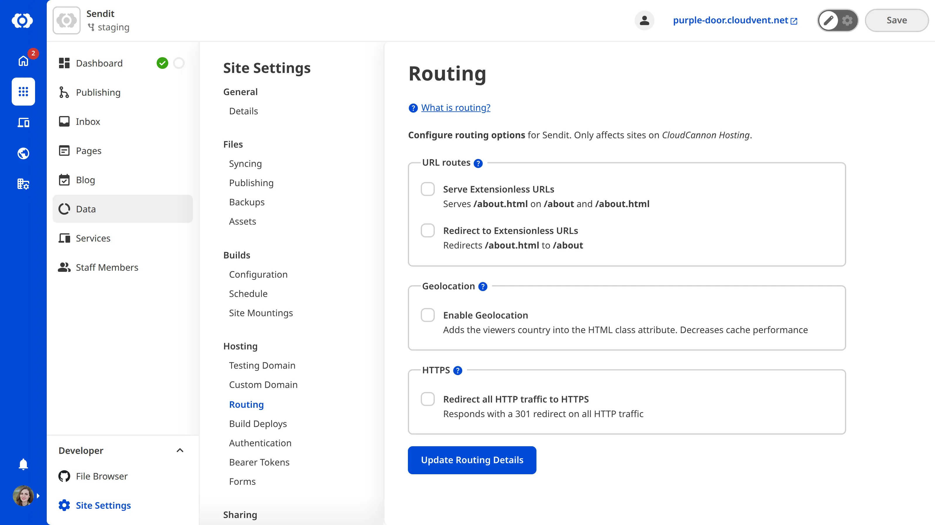 A screenshot of the Routing Page under Site Settings shows the checkboxes for Serve Extensionless URLs and Redirect to Extensionless URLs.