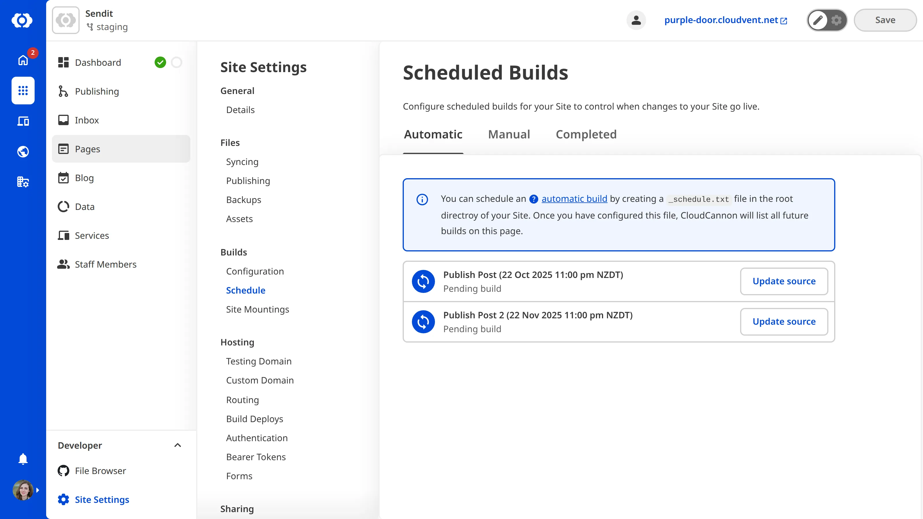 Automatic Builds Schedule interface