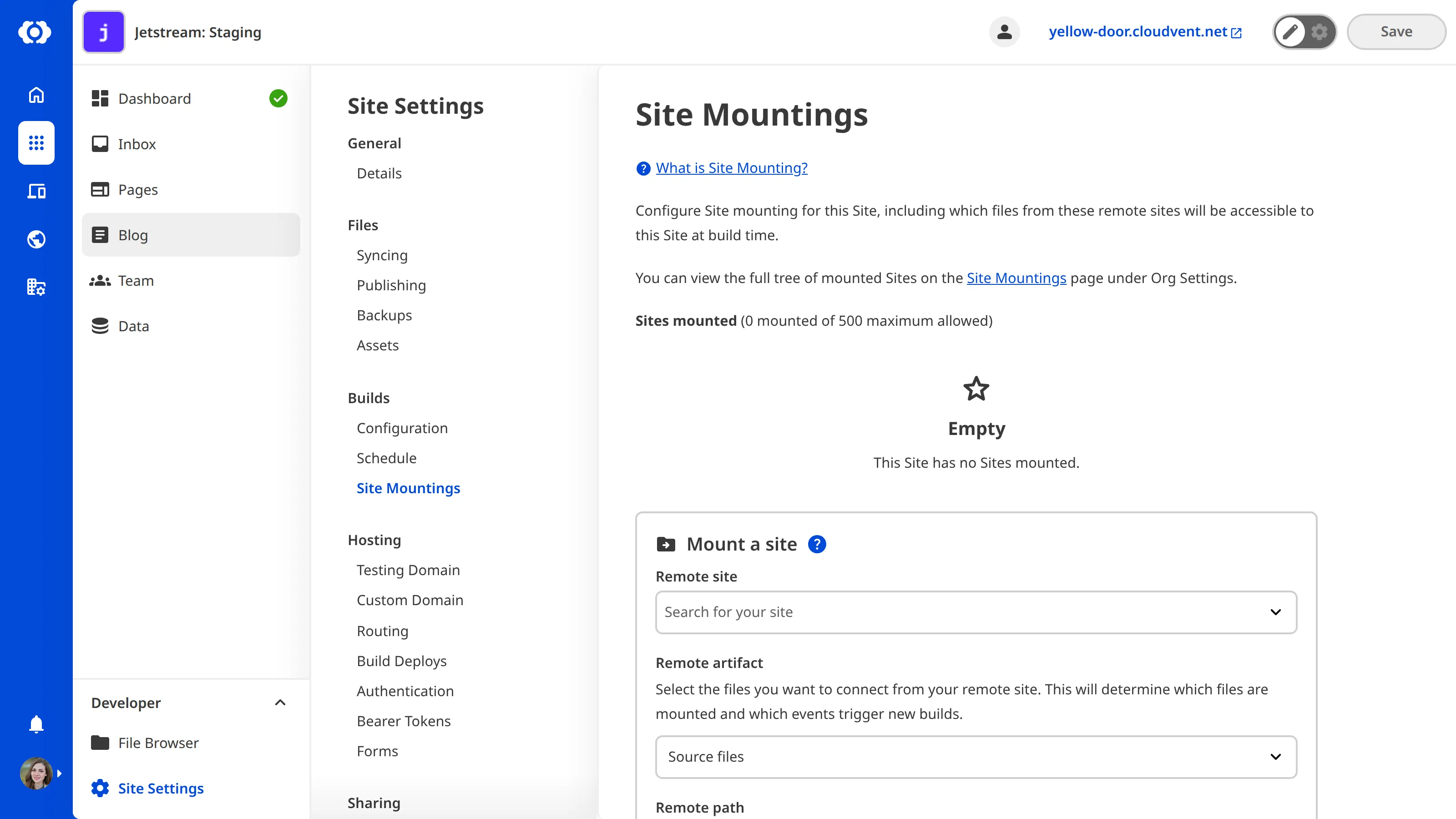 The Site Mountings page shows an empty mounted sites list and a form to mount a new site with fields for Remote site, Remote artifact, Remote path, and Local path.
