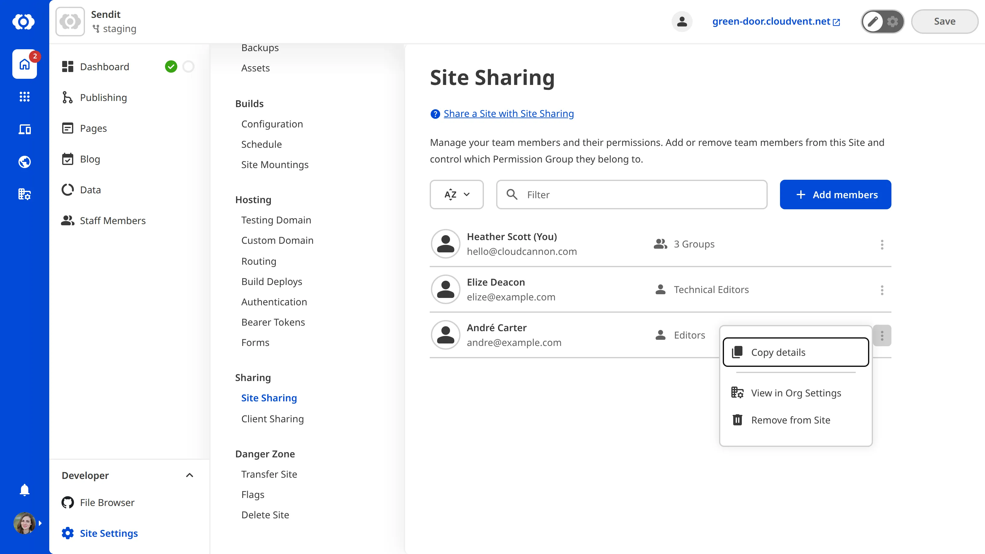 A screenshot of the Site Sharing page showing a team member's context menu open, displaying the Remove from Site option.