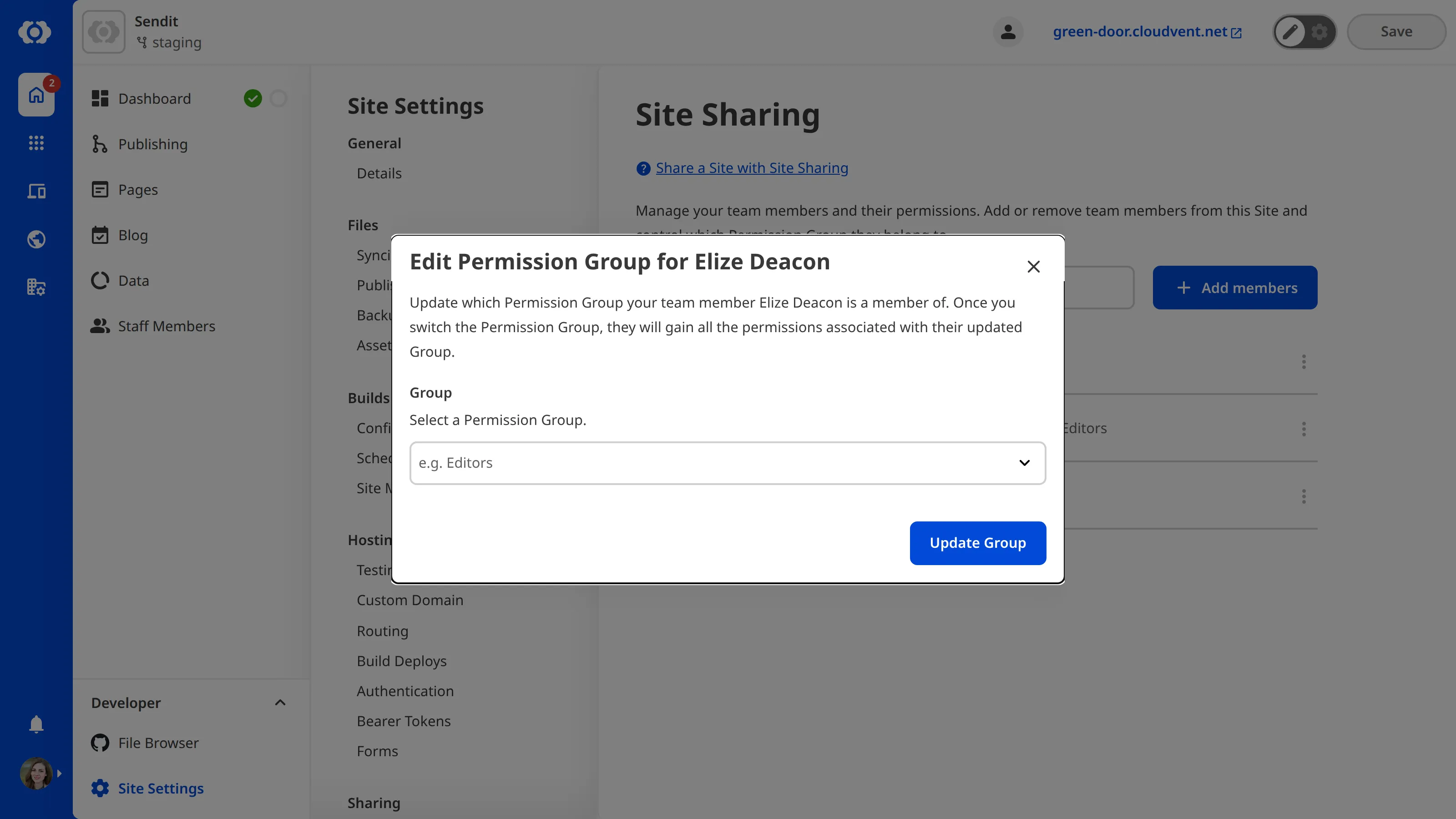 A screenshot of the Edit Permission Group modal shows one field to select which Site Sharing Permission Group a team member belongs to.