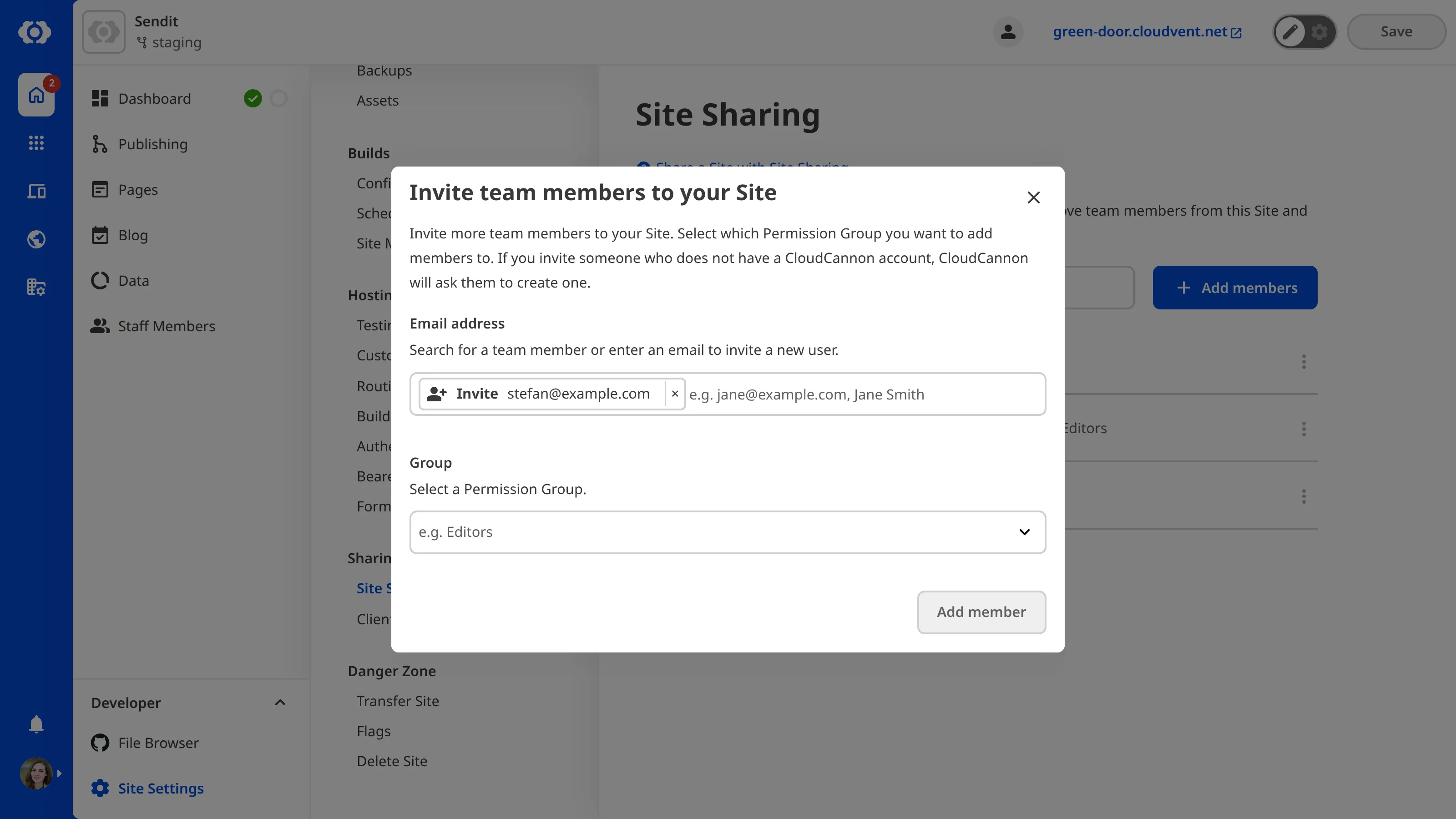 A screenshot of the Invite Team Members to Site modal shows two fields, one for names and one for Permission Groups.