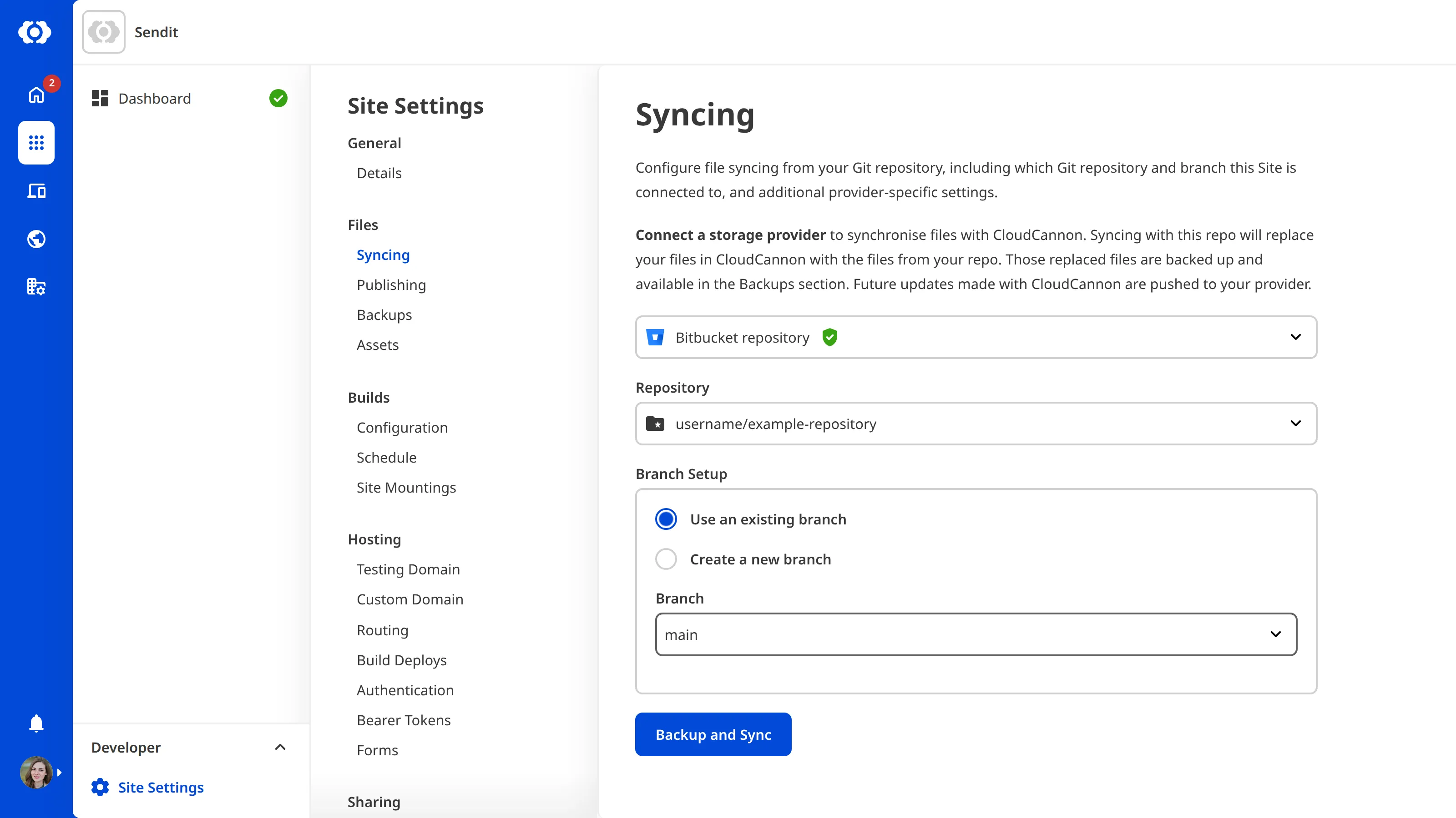 The Site Settings Syncing page with a Bitbucket repository selected from the repository dropdown.