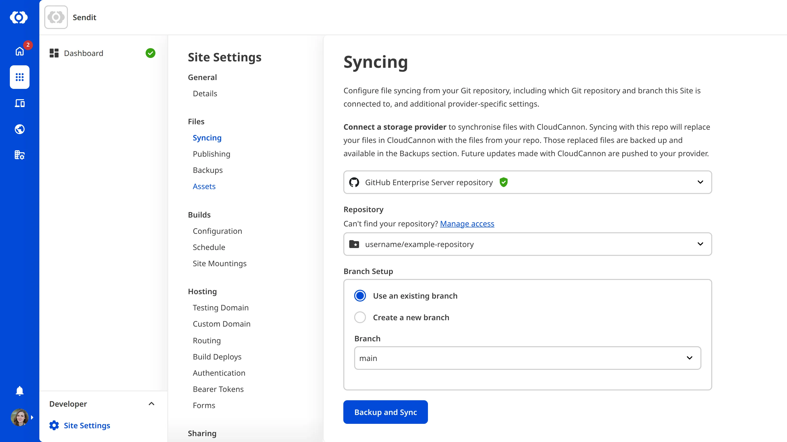 The Site Settings Syncing page with GitHub Enterprise Server repository selected, showing a connected repository and branch.